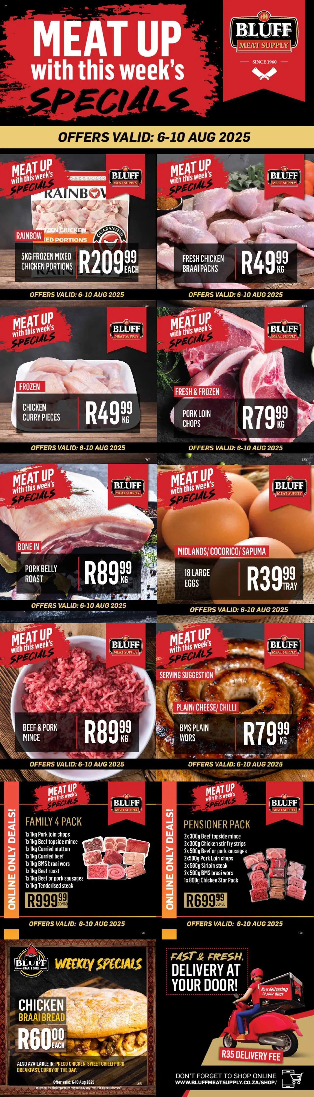 Bluff Meat Supply MEAT UP with this week’s SPECIALS! from 06/08 - 10/08/2025 > Promotions - Chicken, Steak, Pork belly, Grill, Pork, Chilli, Beef roast, Frozen chicken