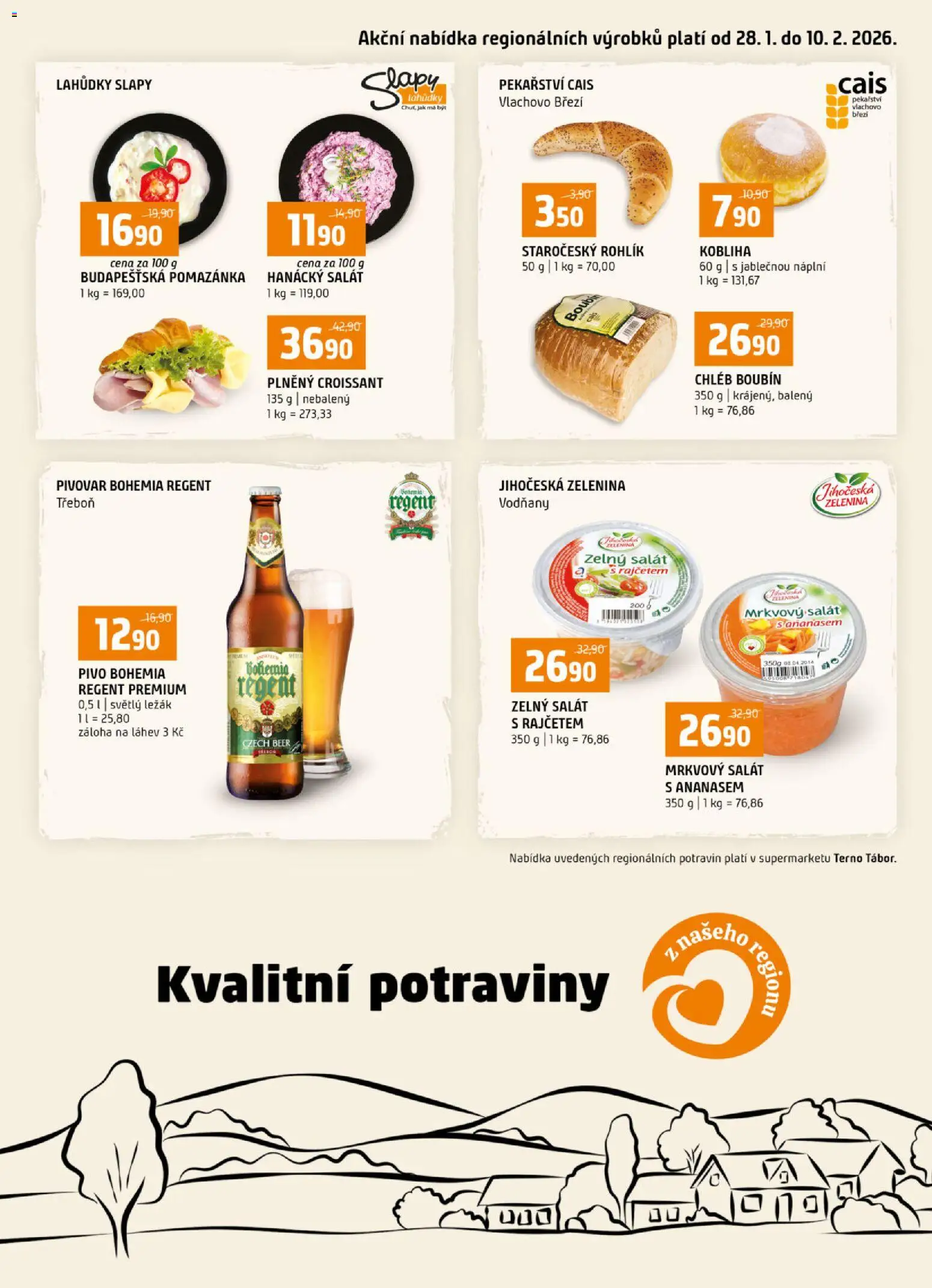 Náhled nabídky: Terno Leták - Tábor platný od 28.01.2026 - Rohlík, Potraviny, Pivo, Zelenina, Chléb, Pomazánka, Kobliha, Láhev