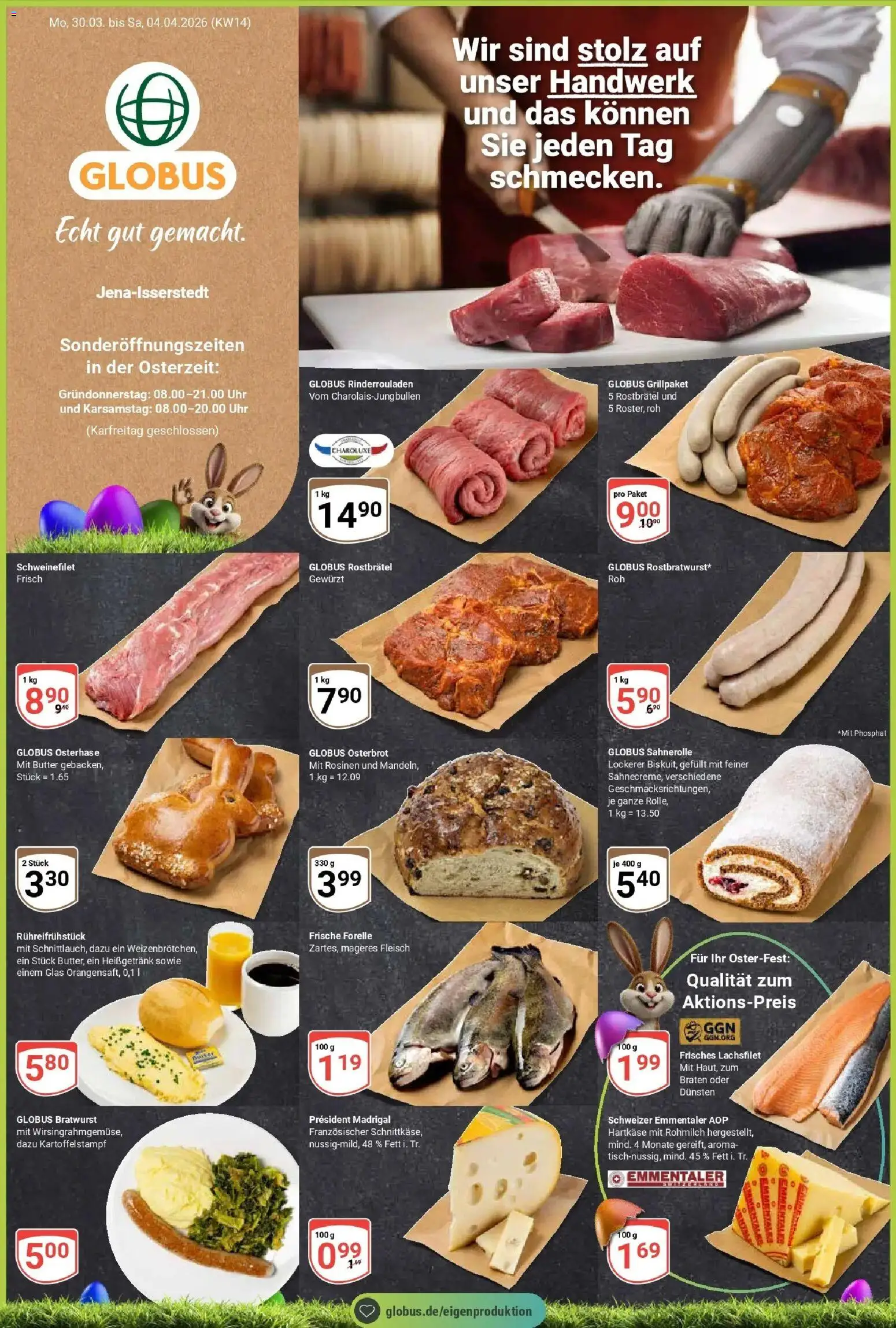 Vorschau von dem Prospekt des Geschäftes Globus, gültig ab dem 30.03.2026 - Uhr, Butter, Bratwurst, Rinderrouladen, Fleisch, Schweinefilet, Rosinen