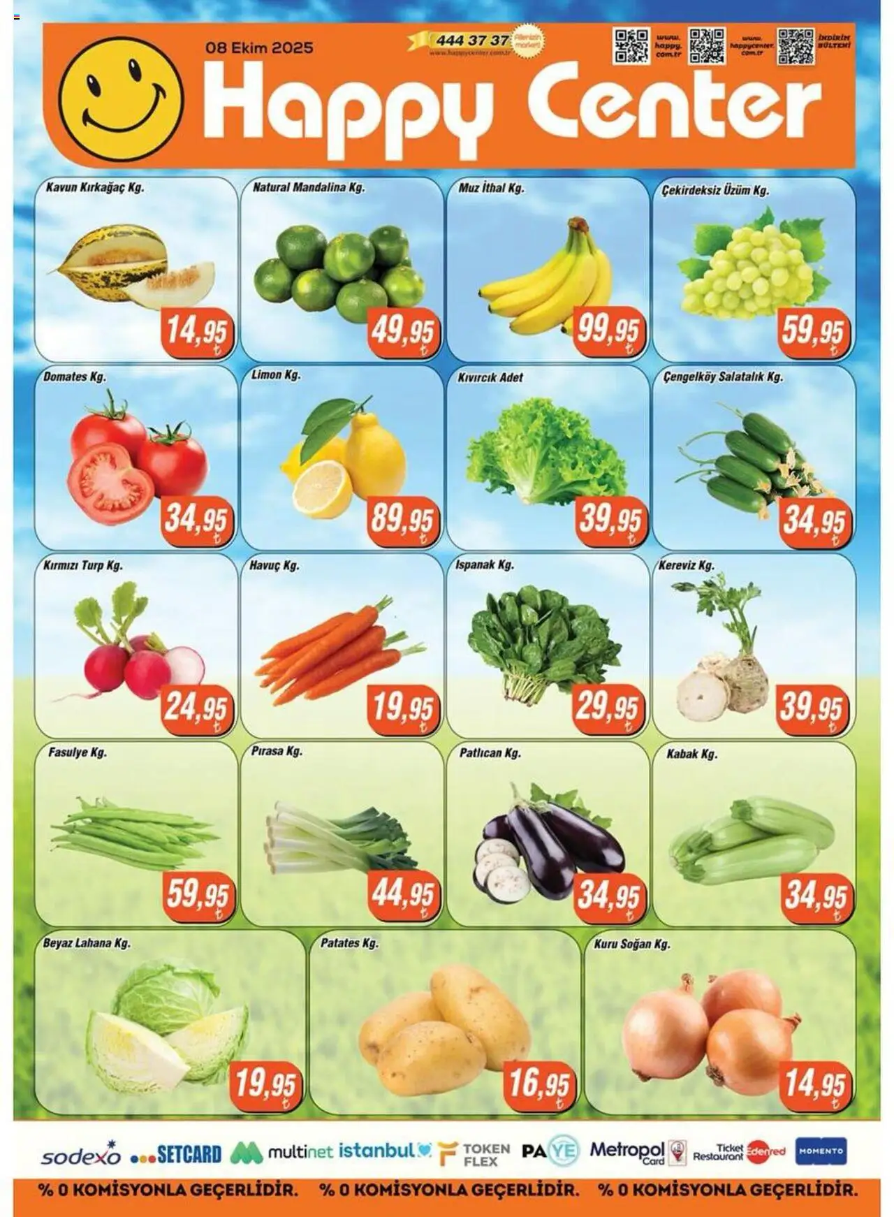 Happy Center Katalog 08 Ekim 2025 - Broşür, Indirim - Sayfa numarası 1 - Kabak, Muz, Fasulye, Üzüm, Lahana, Turp, Soğan, Çekirdeksiz üzüm