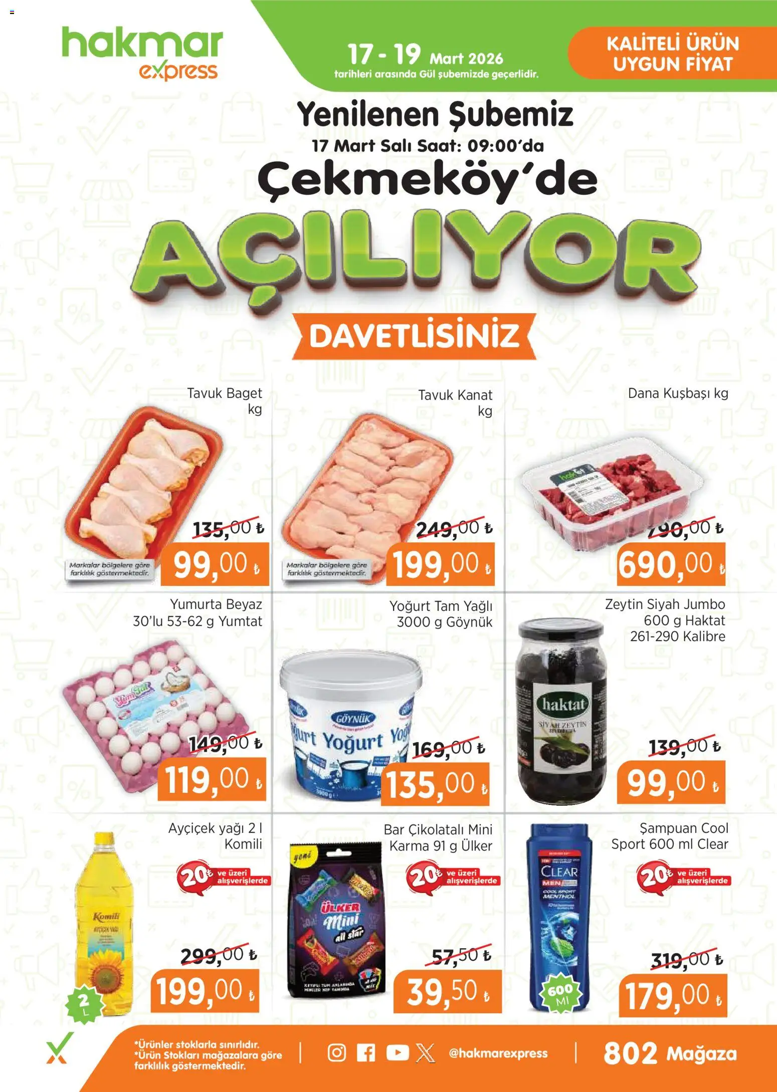 Hakmar Express Hakmar Express - Açılış Mağazalarımız 17.03.2026 - Broşürünün önizlemesi - Saat, Gül, Yumurta, Zeytin, Şampuan, Yoğurt, Tavuk baget, Dana kuşbaşı