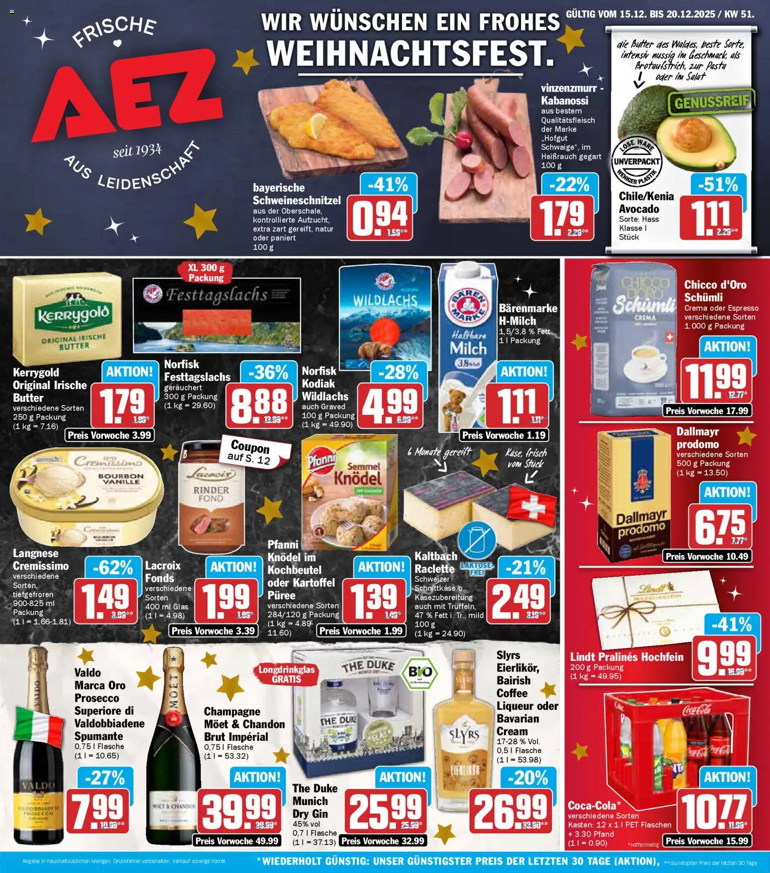 Vorschau von dem Prospekt des Geschäftes AEZ, gültig ab dem 15.12.2025 - Butter, Raclette, Avocado, Gin, Milch, Vanille, Dallmayr prodomo, Cremissimo