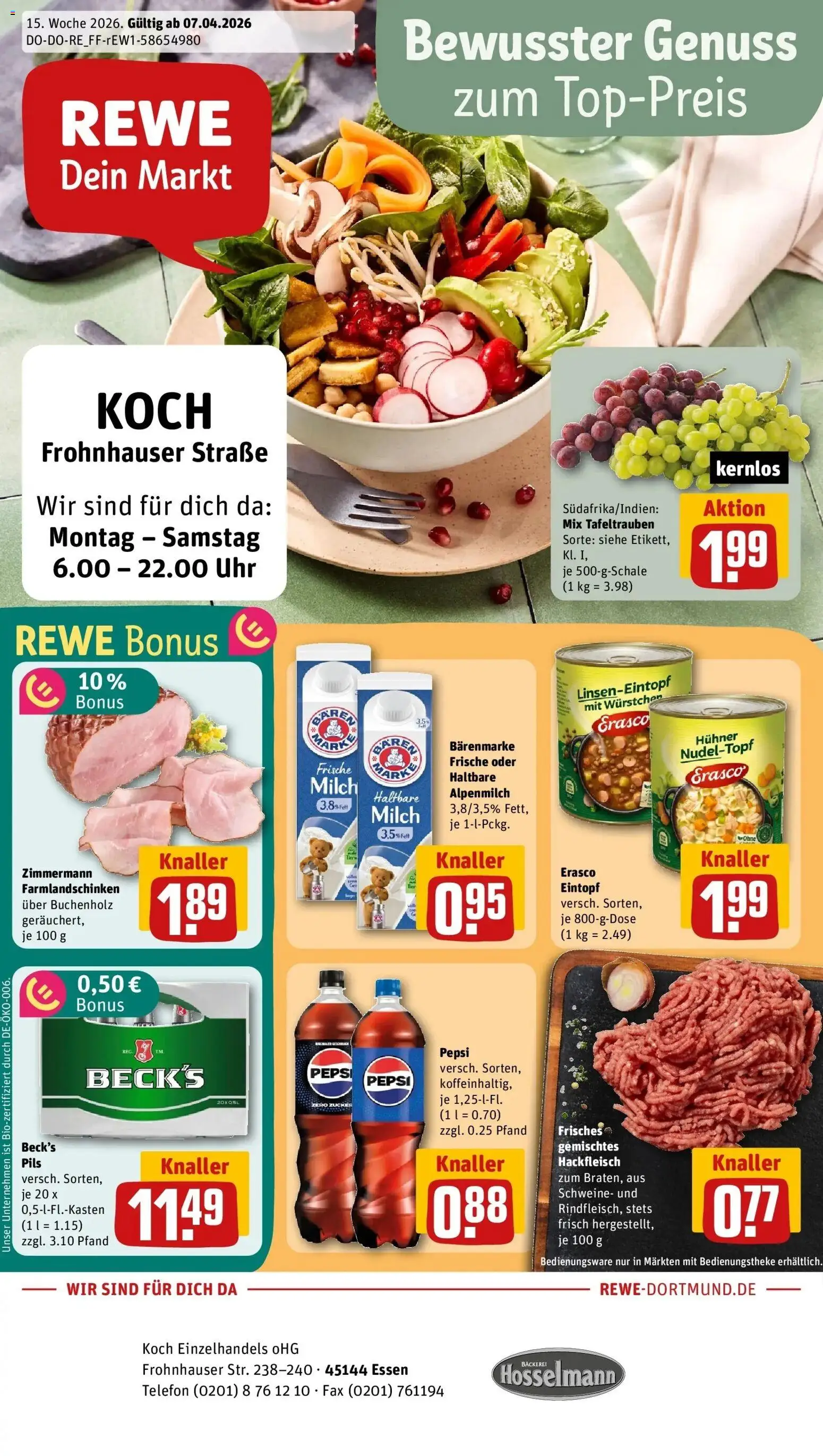 Vorschau von dem Prospekt des Geschäftes Rewe, gültig ab dem 05.04.2026 - Bäckerei, Uhr, Telefon, Cola, Hackfleisch, Zucker, Pepsi, Pils