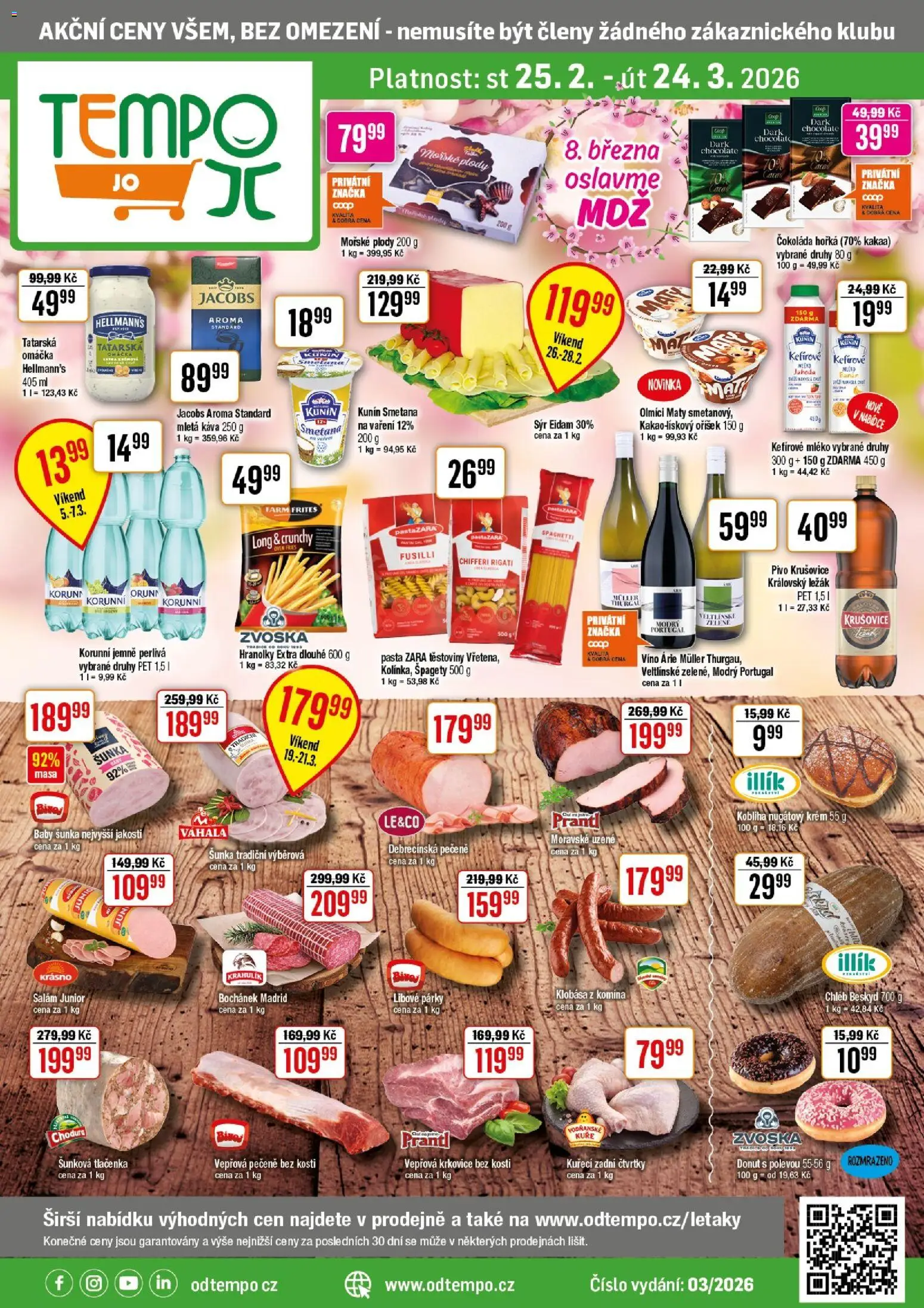 Náhled nabídky: Tempo Leták - JO platný od 25.02.2026 - Víno, Vepřová pečeně, Smetana, Salám, Mořské plody, Jacobs, Mletá káva, Hellmann's