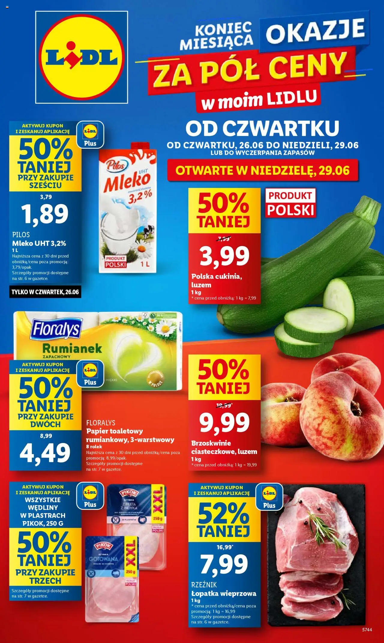 LIDL gazetka 26.06.2025 - 29.06.2025 - Najnowsza od czwartku - Numer strony 1 - Promocja, Mleko, Rumianek, Brzoskwinie, Papier toaletowy, Donut, Łopatka wieprzowa, Mleko UHT