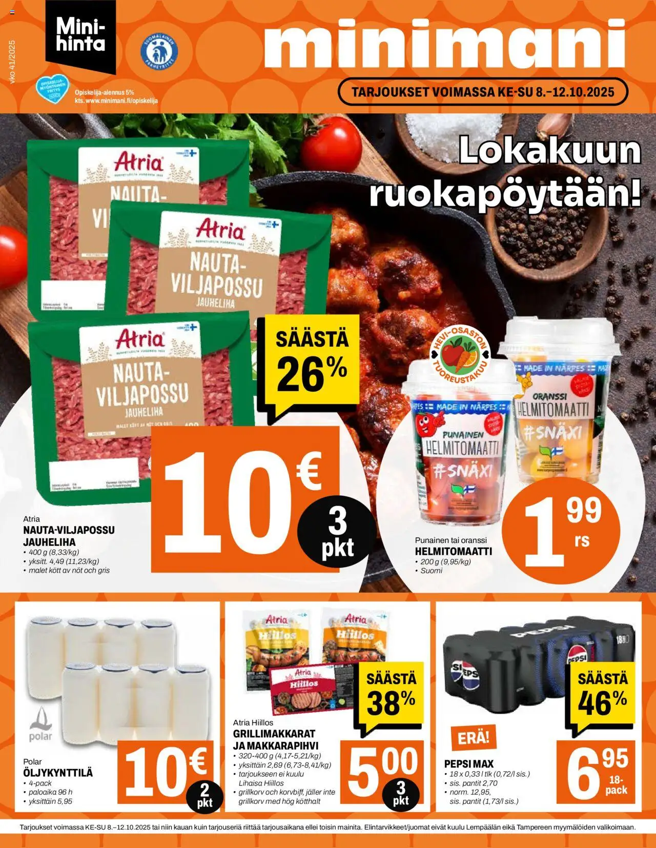 Kaupan Minimani Tarjoukset esikatselu, voimassa 08/10/2025 - Jauheliha, Pepsi, Helmitomaatti
