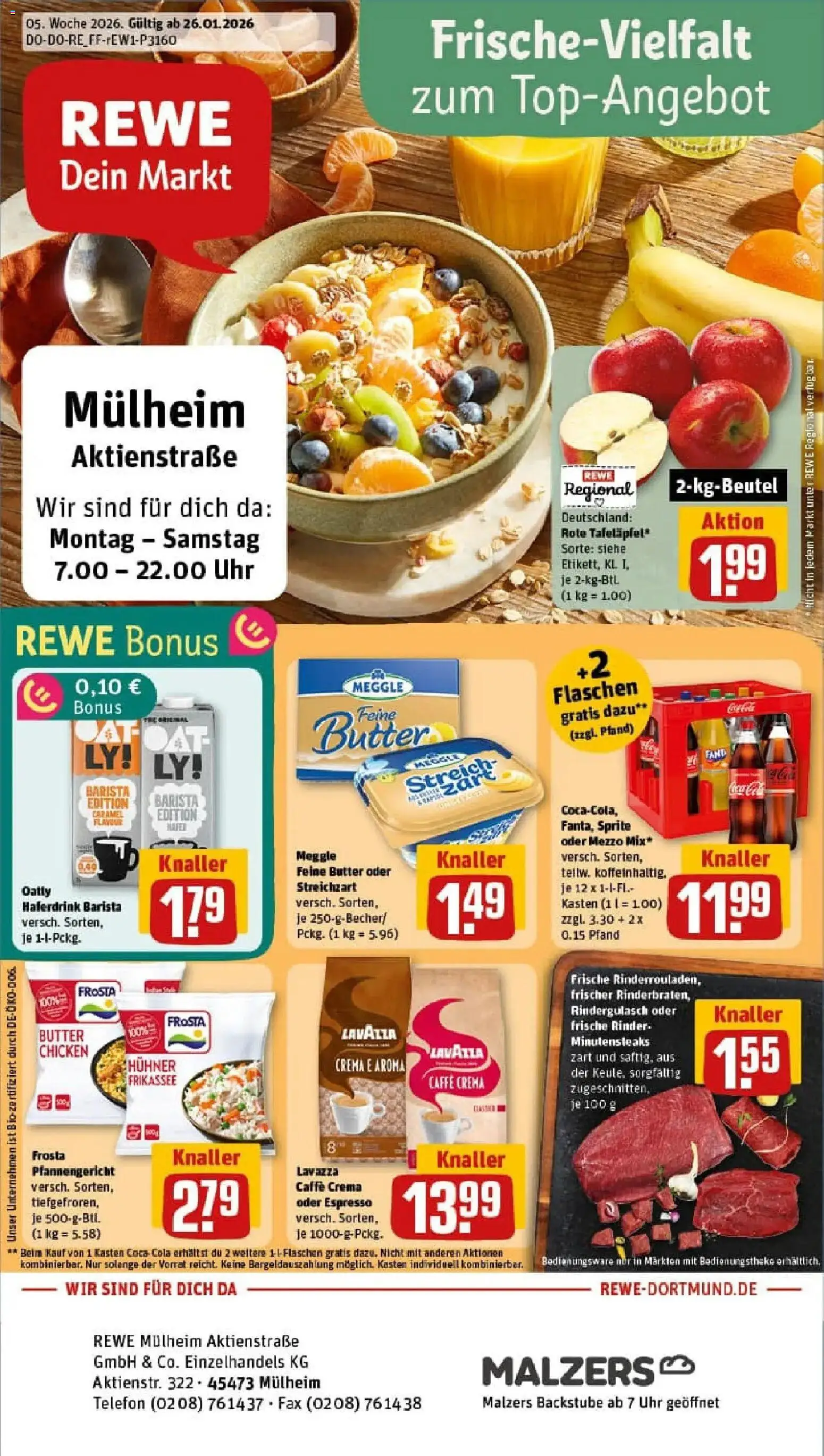Vorschau von dem Prospekt des Geschäftes Rewe, gültig ab dem 26.01.2026 - Telefon, Butter, Rindergulasch, Lavazza, Frosta, Sprite, Oatly, Haferdrink