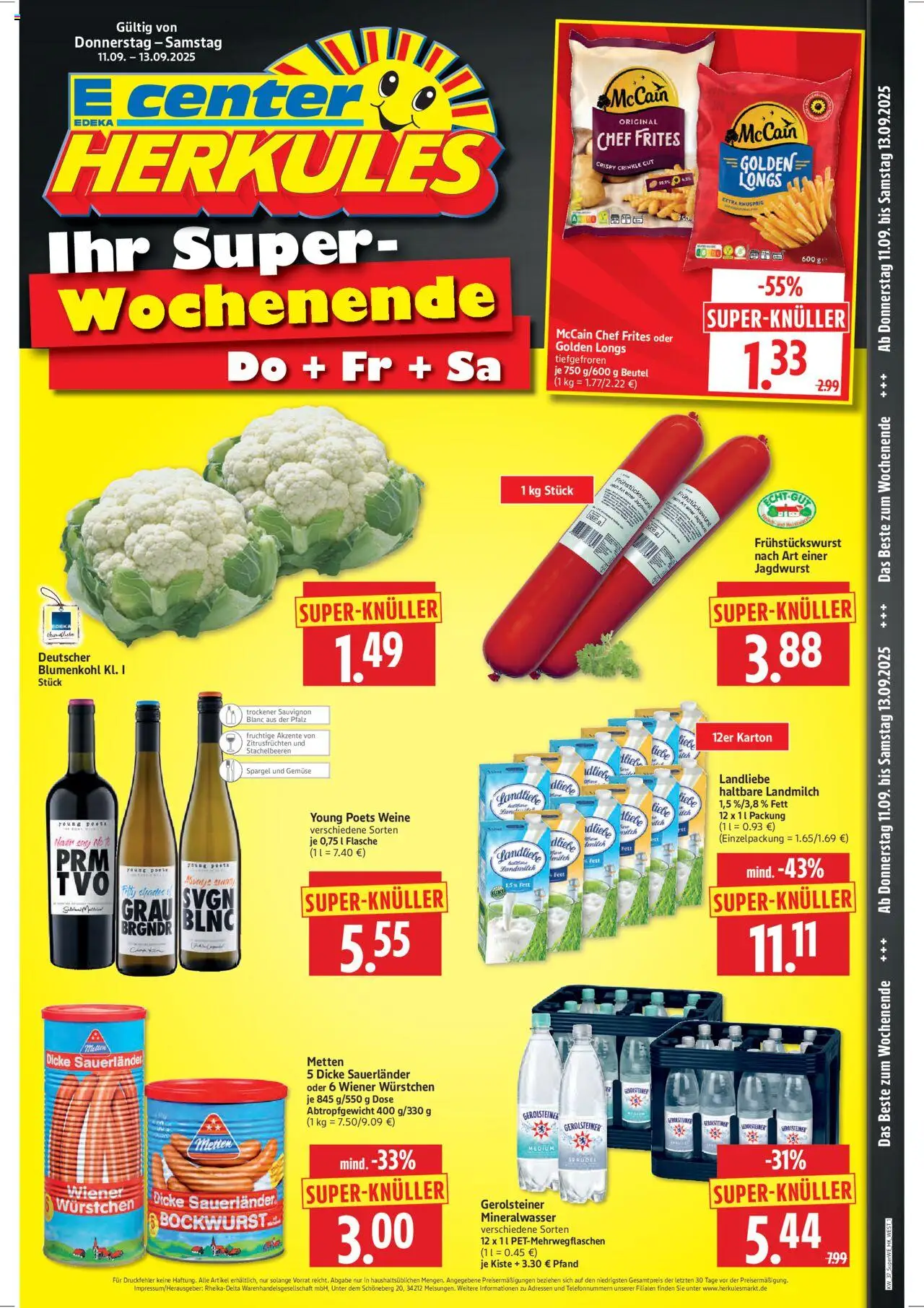 HERKULES Sonderbeilage (vom 11.09.2025 - 13.09.2025) - Gemüse, Spargel, Mineralwasser, Blumenkohl, Gerolsteiner, Bockwurst, McCain, Wiener wurstchen