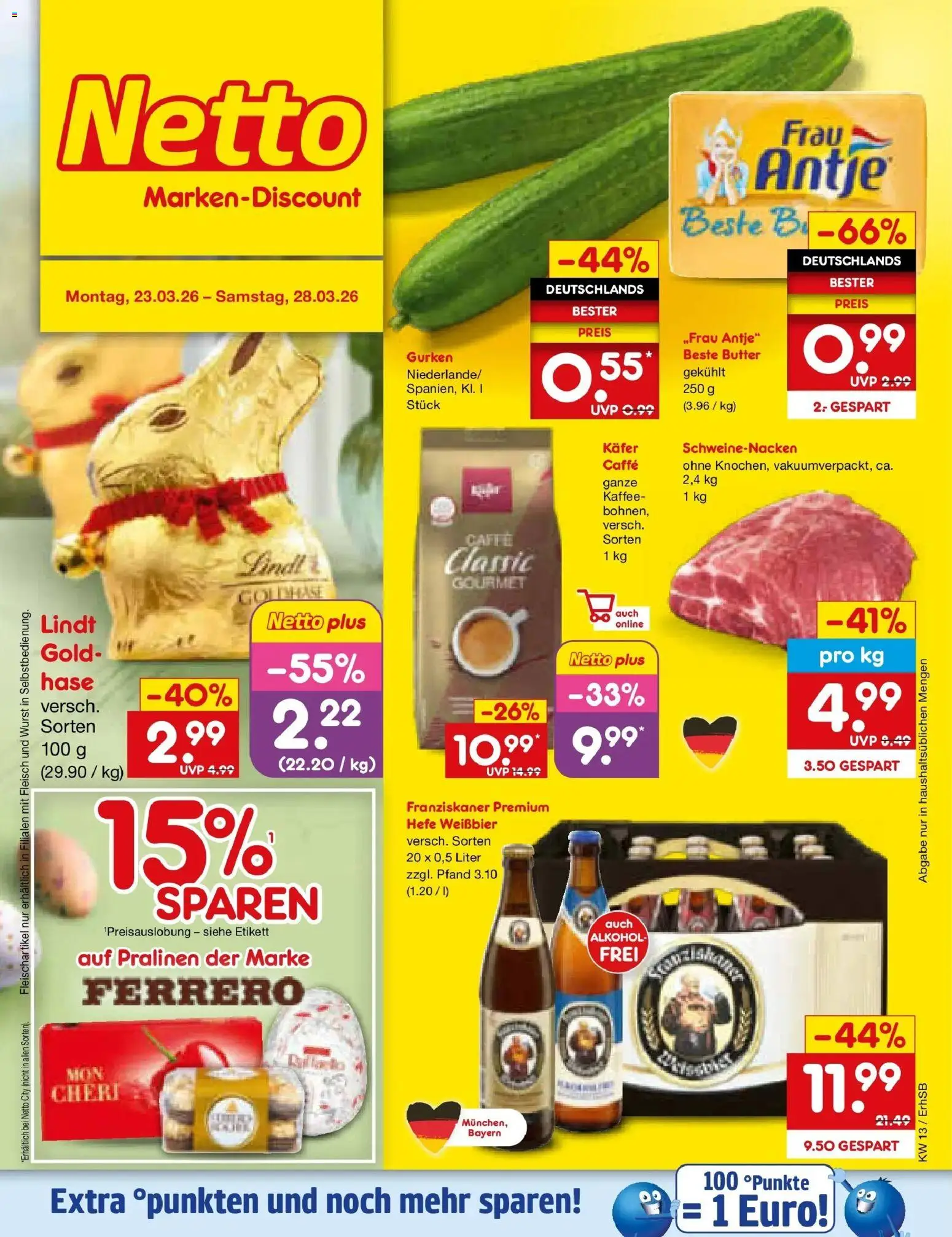 Vorschau von dem Prospekt des Geschäftes Netto Marken-Discount, gültig ab dem 23.03.2026 - Kaffee, Butter, Alkohol, Fleisch, Gurken, Franziskaner, Schweinenacken, Hefe weissbier