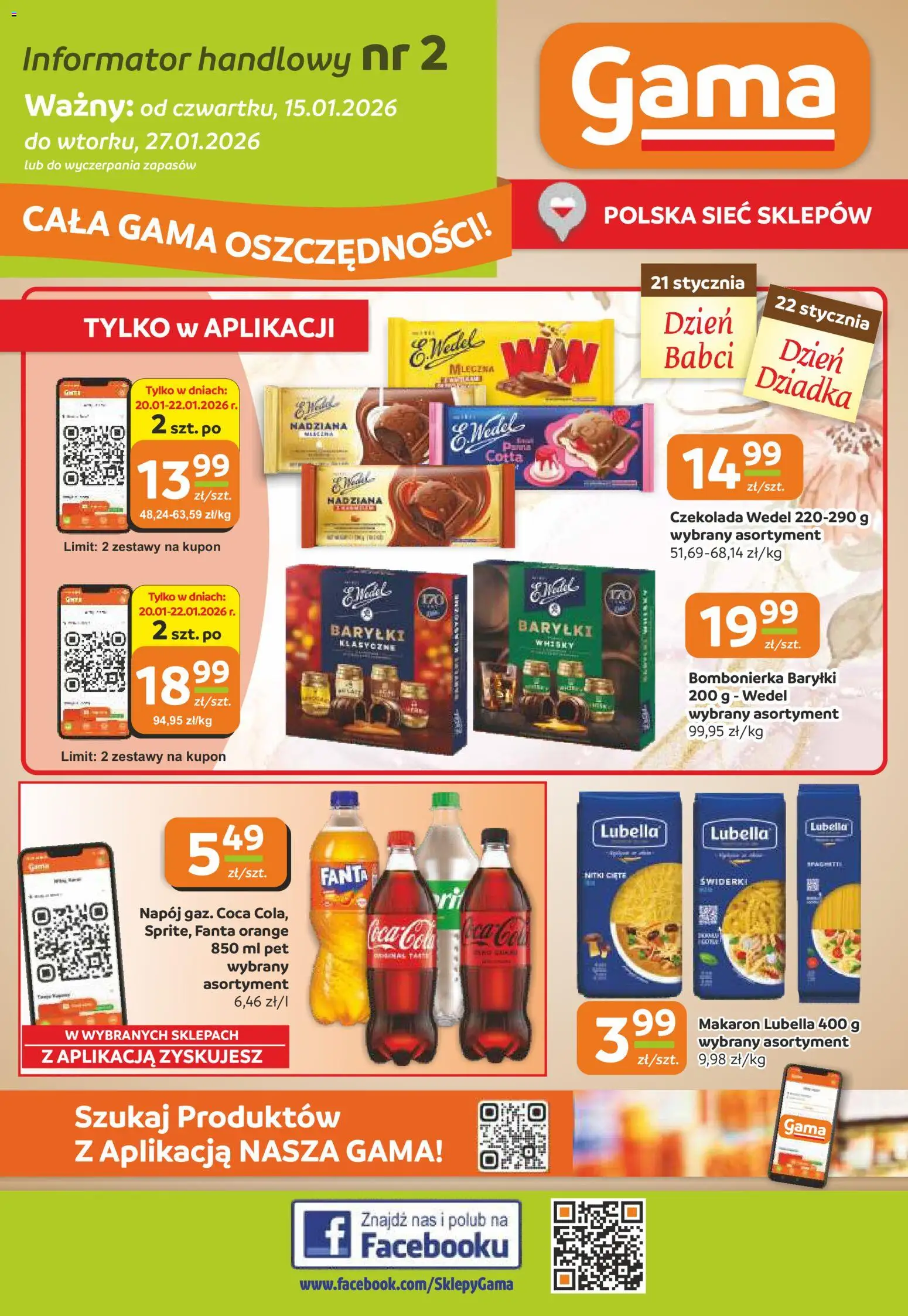 Pogląd gazetki "Gazetka" ze sklepu Gama ważnej od 15.01.2026 - Makaron, Czekolada, Coca cola, Curry, Bombonierka, Fanta, Czekolada wedel, Coca cola 850 ml