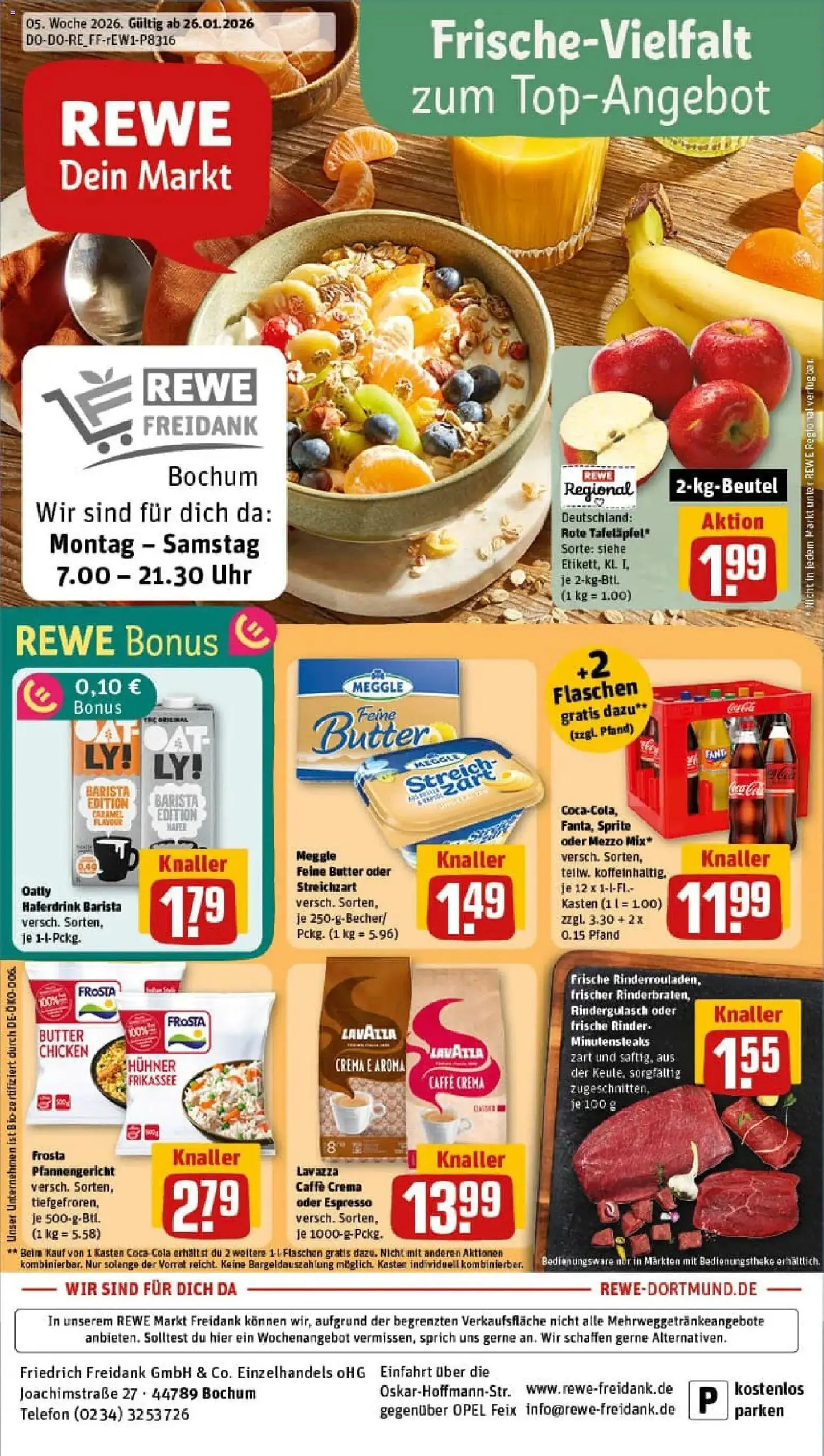 Vorschau von dem Prospekt des Geschäftes Rewe, gültig ab dem 26.01.2026 - Telefon, Butter, Rindergulasch, Lavazza, Frosta, Sprite, Oatly, Haferdrink