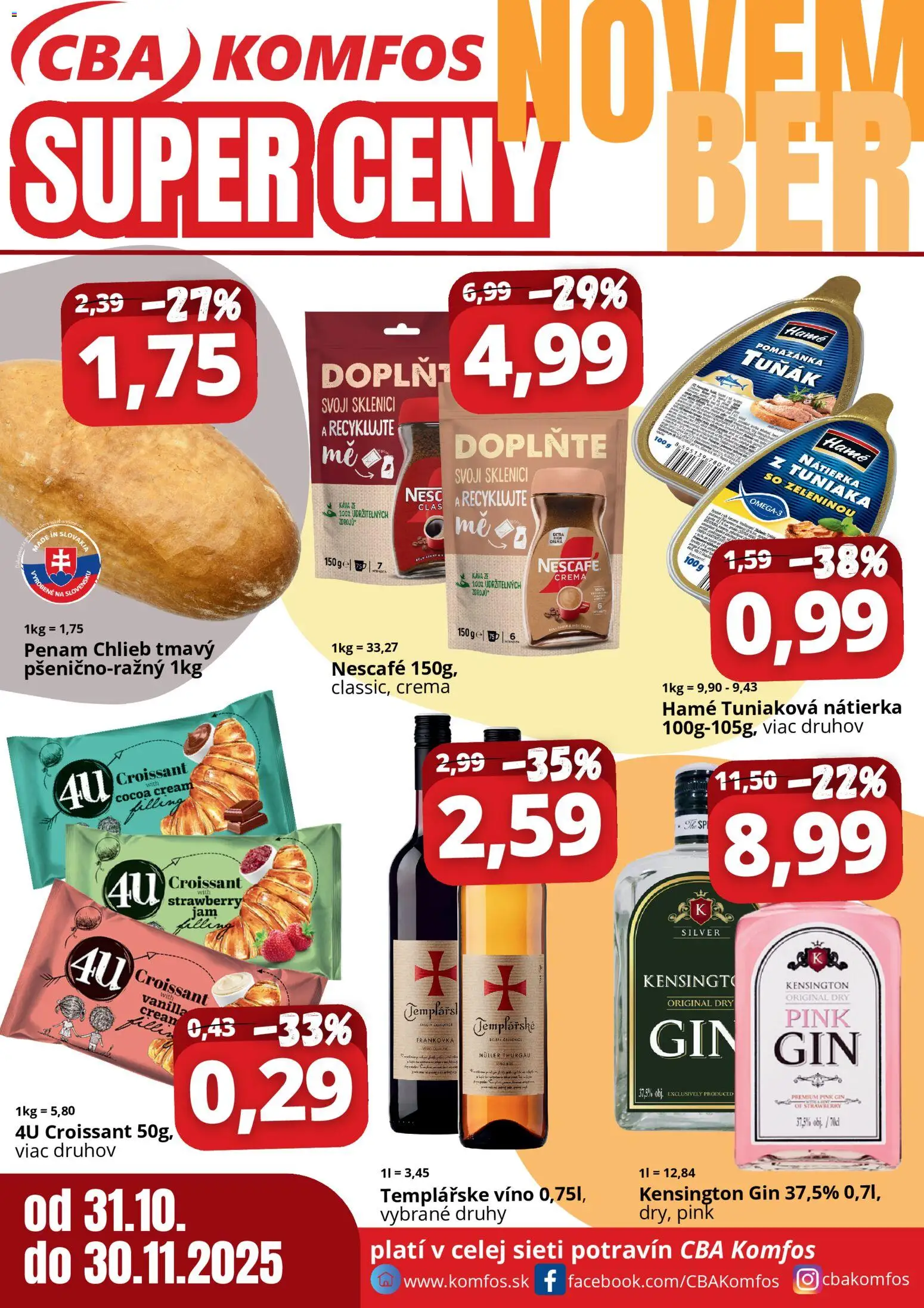 CBA Komfos Super ceny (31.10. - 30.11.2025) - Akčná ponuka - Káva, Víno, Gin, Croissant, Chlieb, Nátierka