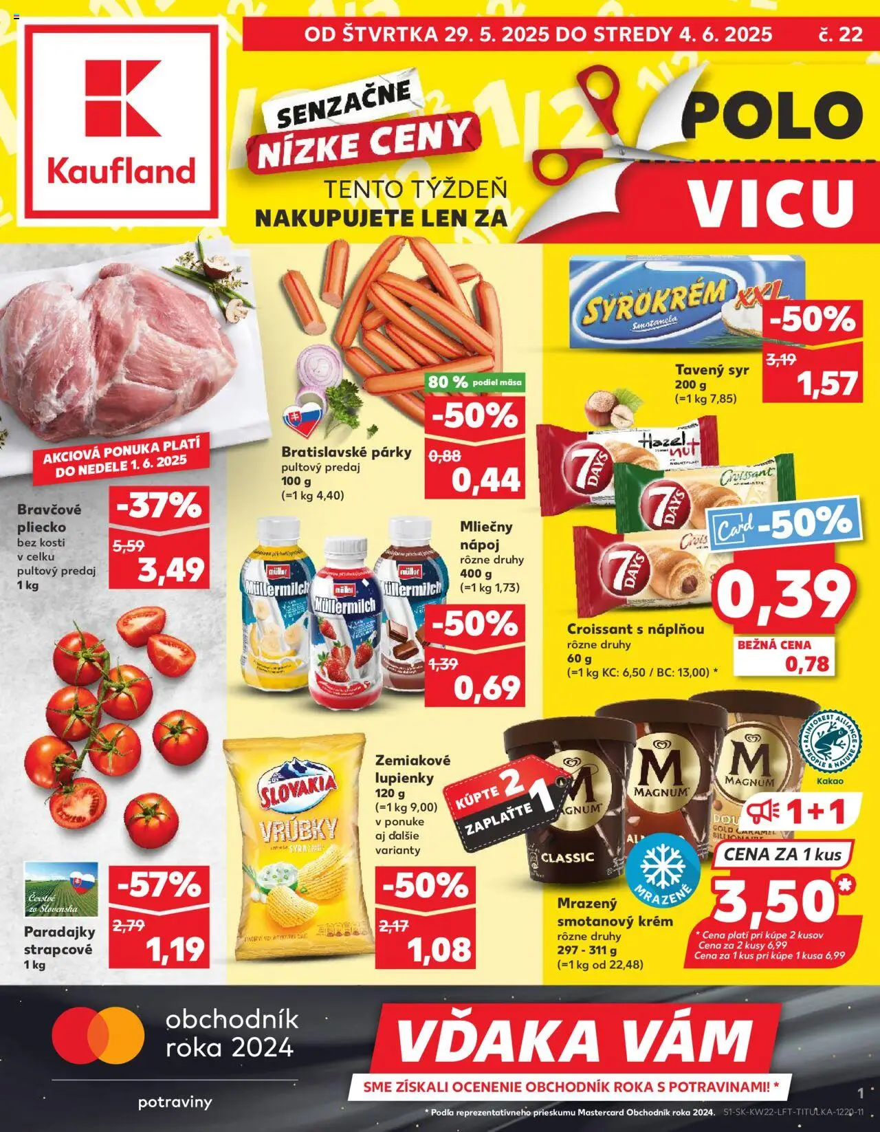Náhľad Kaufland letáku platného od 29.05.2025 - Syr, Croissant, Paradajky, Kakao, Magnum, Párky, Bravčové pliecko, Krém