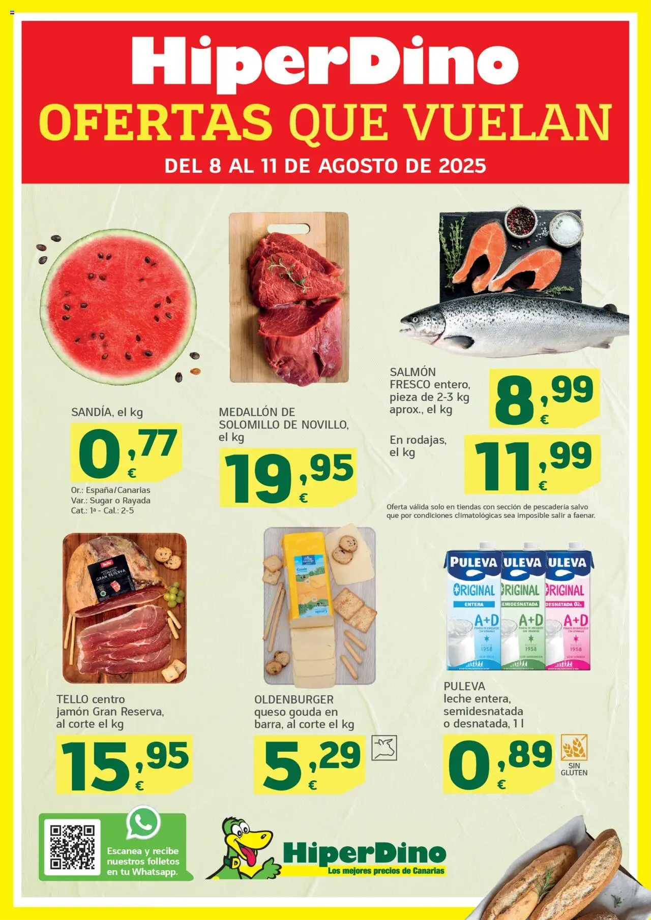 HiperDino Folleto 08/08 - 11/08/2025 Ofertas - Jamón, Queso, Leche, Queso Gouda, Salmón