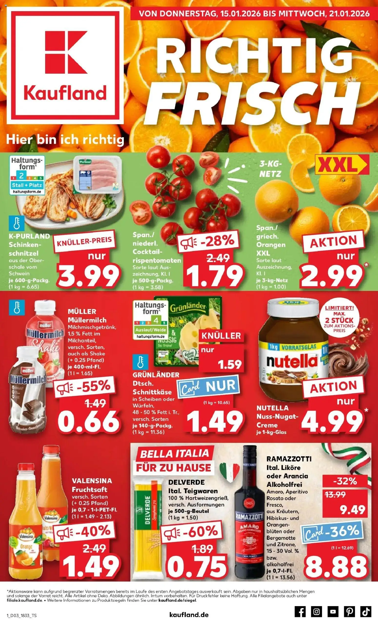 Vorschau von dem Prospekt des Geschäftes Kaufland, gültig ab dem 15.01.2026 - Schnitzel, Pasta, Ramazzotti, Orangen, Valensina, Fruchtsaft, Grunlander, Muller mullermilch