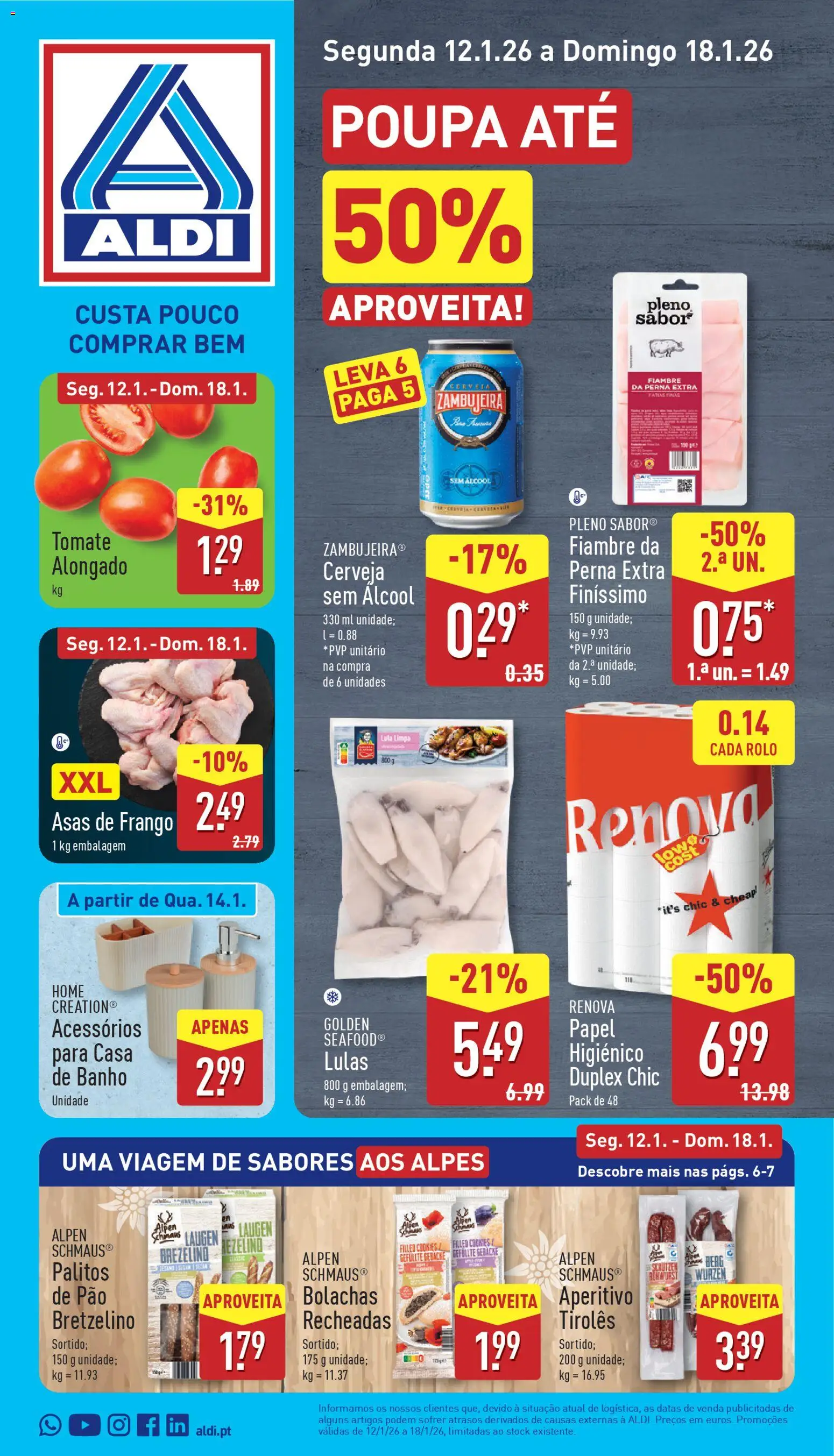 Pré-visualização do folheto da loja Aldi válida a partir de 12/01/2026 - Banho, Cerveja, Frango, Pão, Bolachas, Álcool, Casa de banho, Fiambre