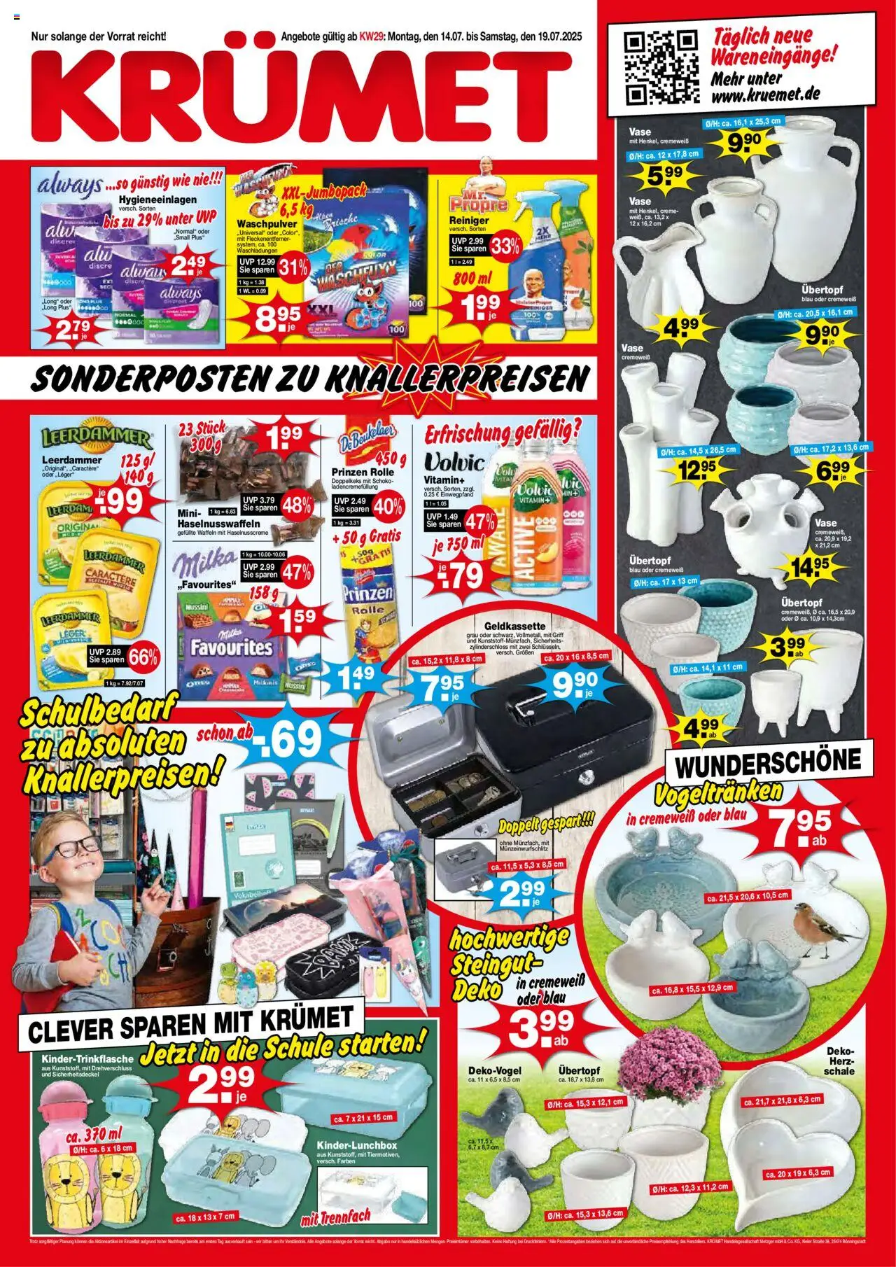 KRÜMET Prospekt (vom 14.07.2025 - 19.07.2025) - Waffeln, Milka, Vase, Volvic, Creme, Waschpulver, Fleckenentferner, Leerdammer