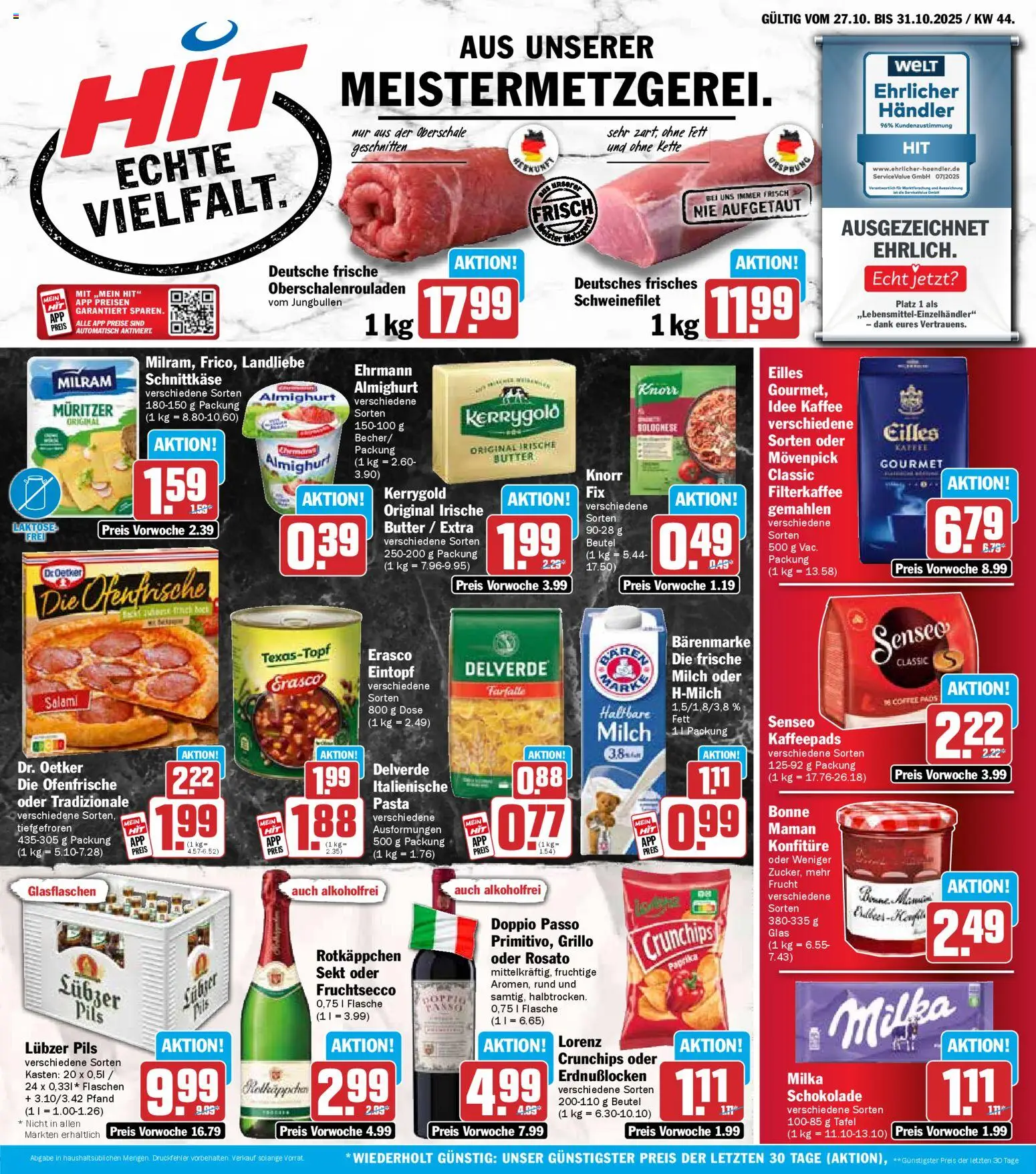 HIT Prospekt ab 27.10.2025 nächste Woche > Mecklenburg-Vorpommern - Kaffee, Rotkäppchen, Schweinefilet, Senseo, Sekt, Knorr, Milram, Lubzer