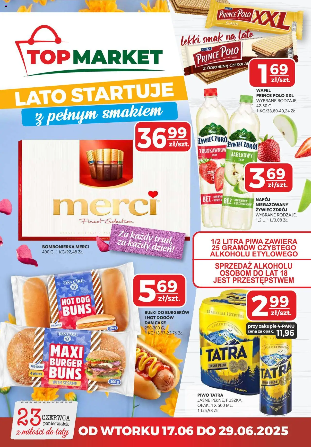 Top Market Gazetka od 17.06.2025 - Nowa Gazetka - Numer strony 1 - Burger, Top, Hot dog, Prince polo, Merci, Bombonierka, Bułki do burgerów, Prince polo xxl