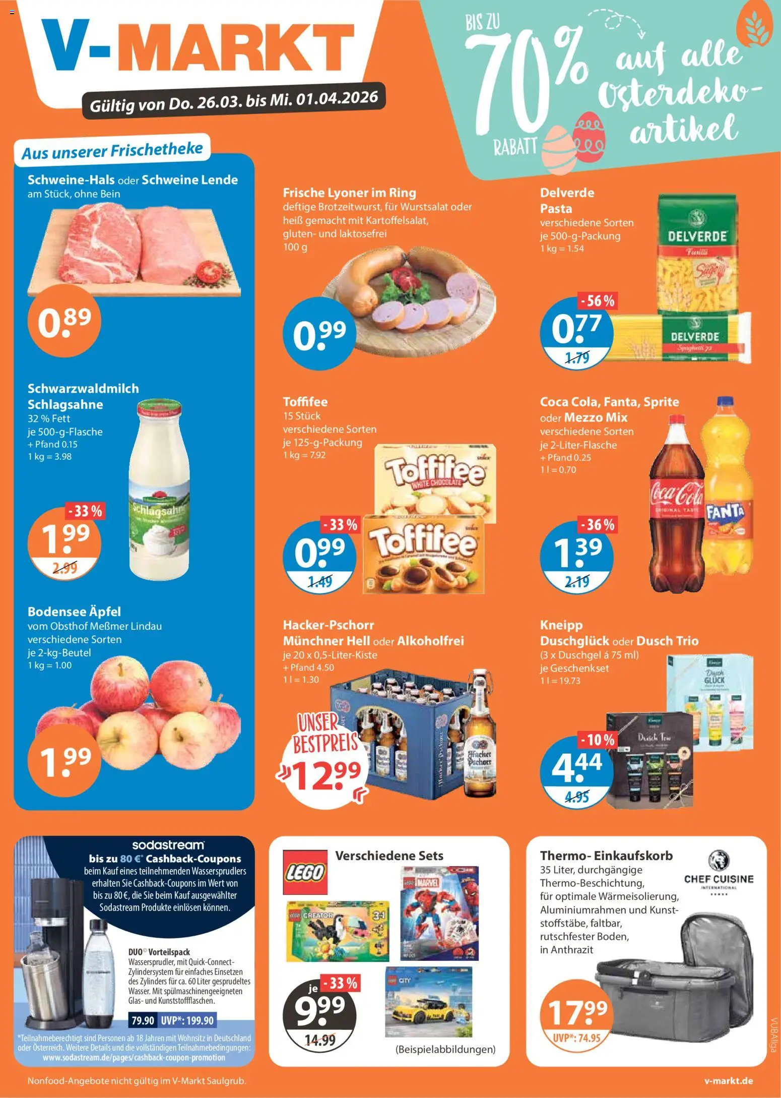 Vorschau von dem Prospekt des Geschäftes V-Markt, gültig ab dem 26.03.2026 - Pasta, Sodastream, Coca cola, Äpfel, Cola, Schlagsahne, Fanta, Oder mezzo mix
