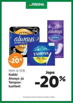 Kaupan Prisma Tarjoukset Always/Tampax esikatselu, voimassa 06/08/2025
