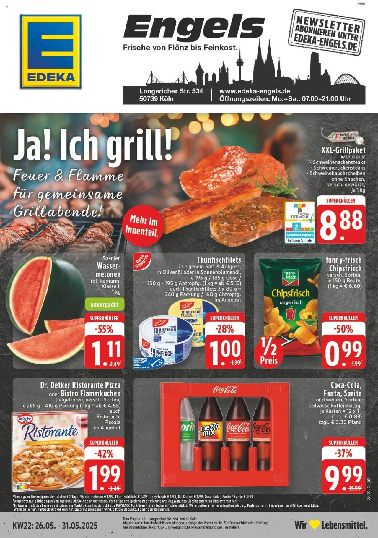 EDEKA Prospekt ab 25.05.2025 - Prospekt Köln-Longerich Online - Pizza, Chips, Uhr, Wasser, Grill, Cola, Thunfisch, Olivenol