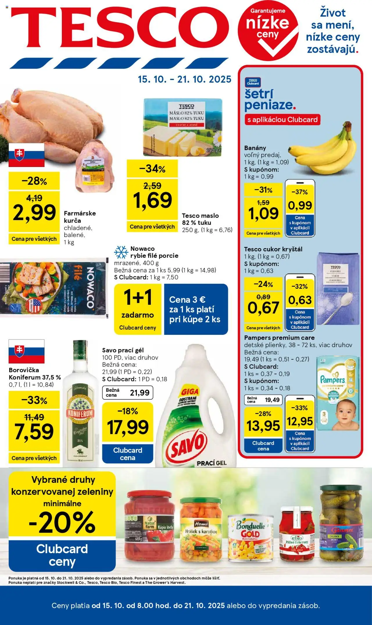 Náhľad Tesco letáku platného od 15.10.2025 - Cukor, Savo, Pampers, Rybie filé, Pampers Premium Care, Kurča, Kápia, Cukor kryštál
