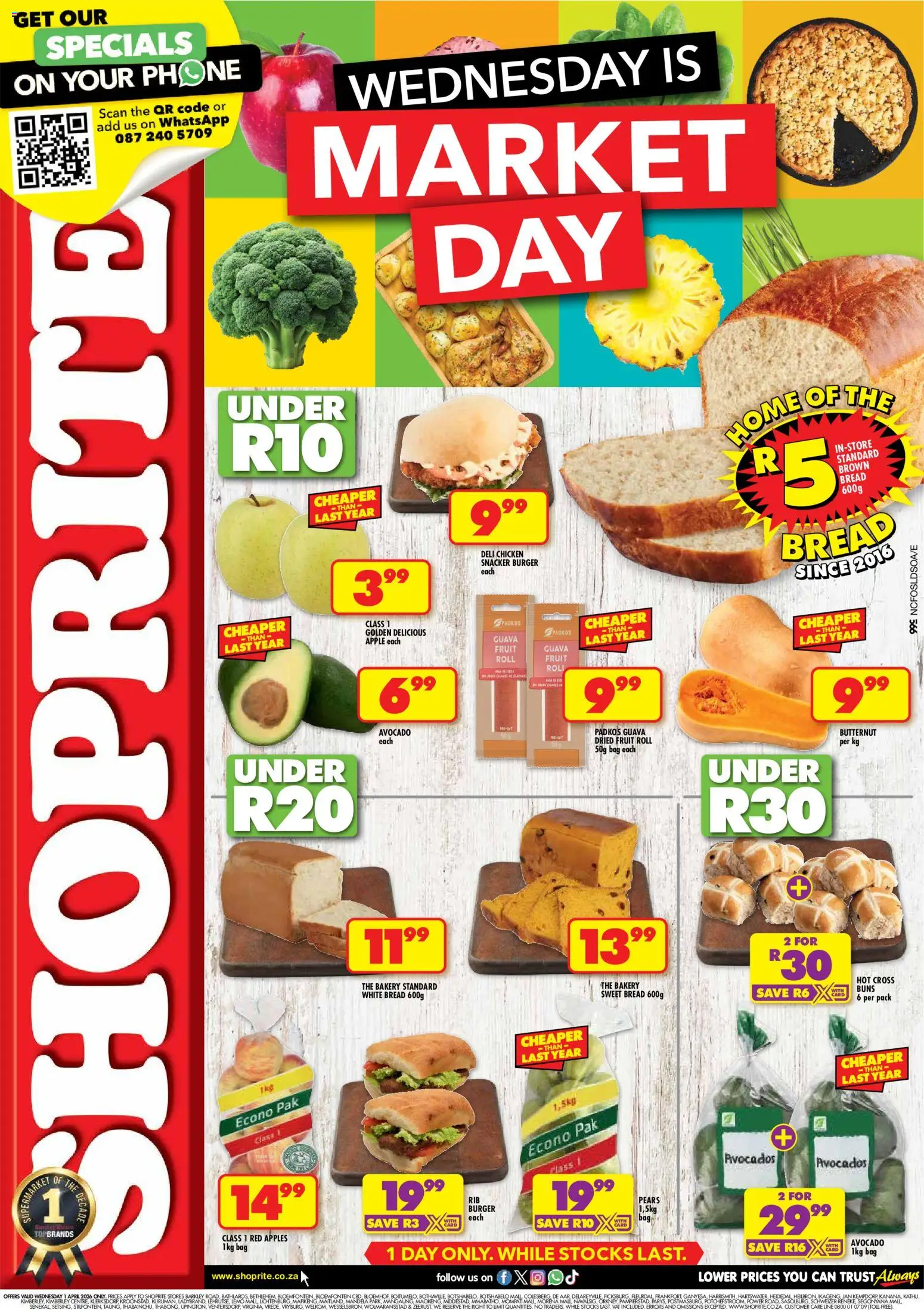 Preview of Shoprite flyer valid from 01/04/2026 - Phone, Bag, Bakery, Avocado, Bread, Avocados, Squash, Buns