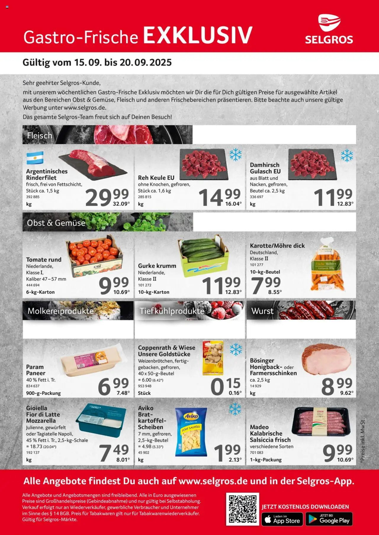 Selgros Gastro Angebote (vom 15.09.2025 - 20.09.2025) - Wurst, Gulasch, Gemüse, Mozzarella, Obst, Fleisch, Rinderfilet, Mohren
