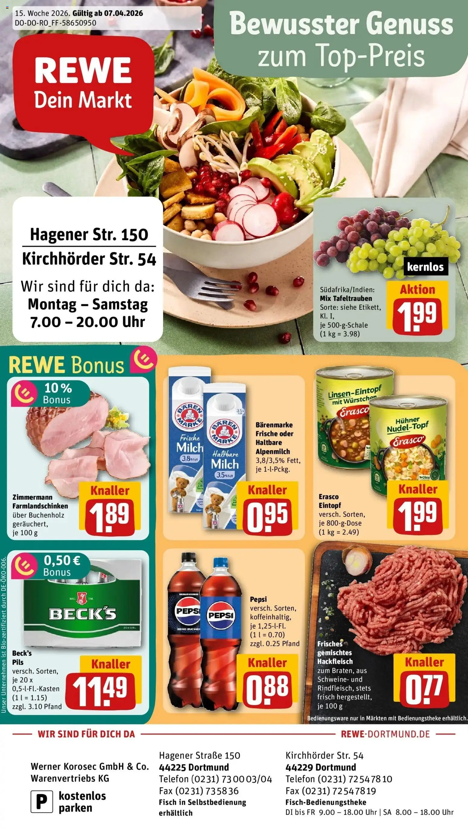 Vorschau von dem Prospekt des Geschäftes Rewe, gültig ab dem 05.04.2026 - Uhr, Telefon, Fisch, Milch, Hackfleisch, Zucker, Pils, Erasco