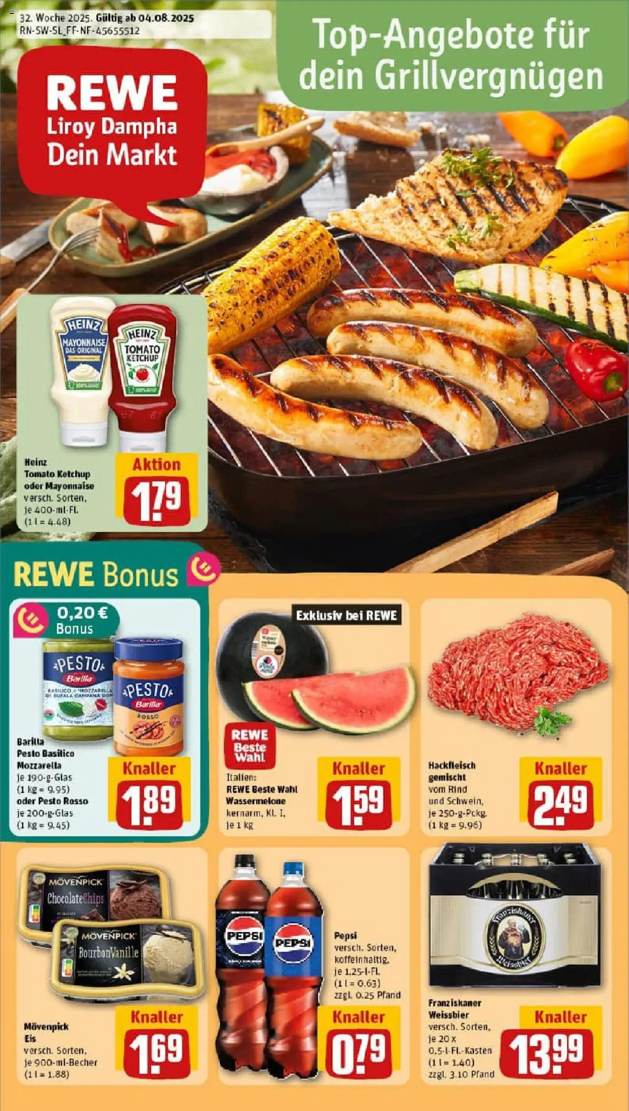 REWE Prospekt ab 03.08.2025 nächste Woche - Prospekt Püttlingen - Eis, Mozzarella, Hackfleisch, Mayonnaise, Ketchup, Barilla pesto, Movenpick eis, Weißbier
