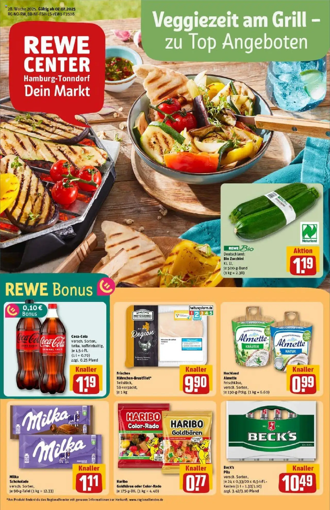 REWE Prospekt ab 06.07.2025 nächste Woche - Prospekt Hamburg/Tonndorf - Schokolade, Haribo, Zucchini, Cola, Top, Milka, Pils, Almette