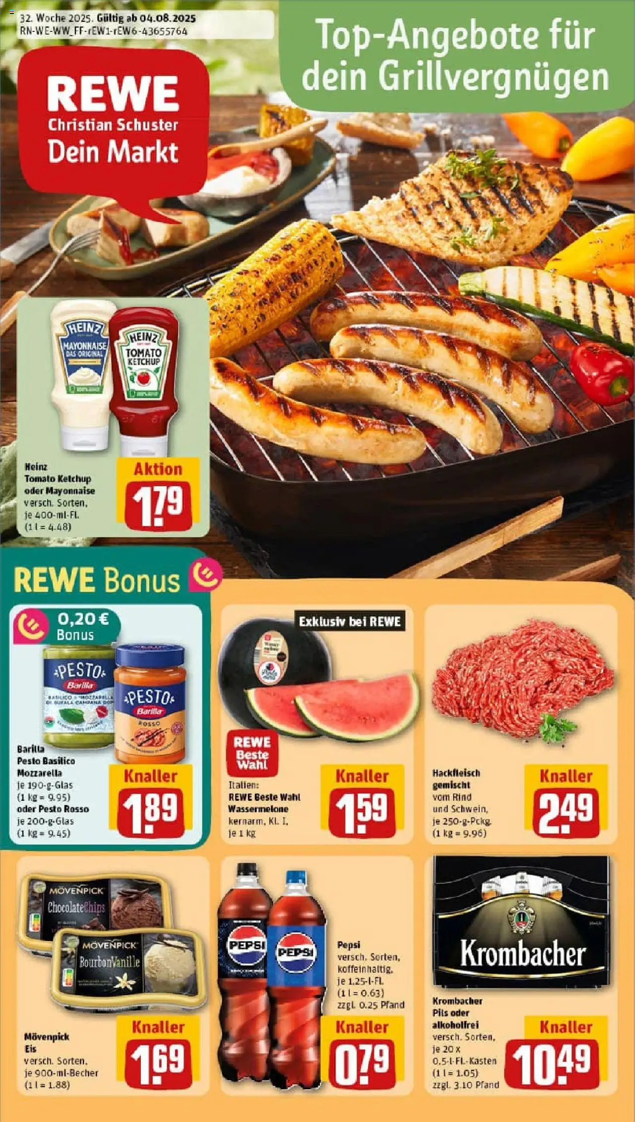 REWE Prospekt ab 03.08.2025 nächste Woche - Prospekt Daaden - Krombacher, Hackfleisch, Mayonnaise, Wassermelone, Ketchup, Barilla pesto, Movenpick eis, Pils