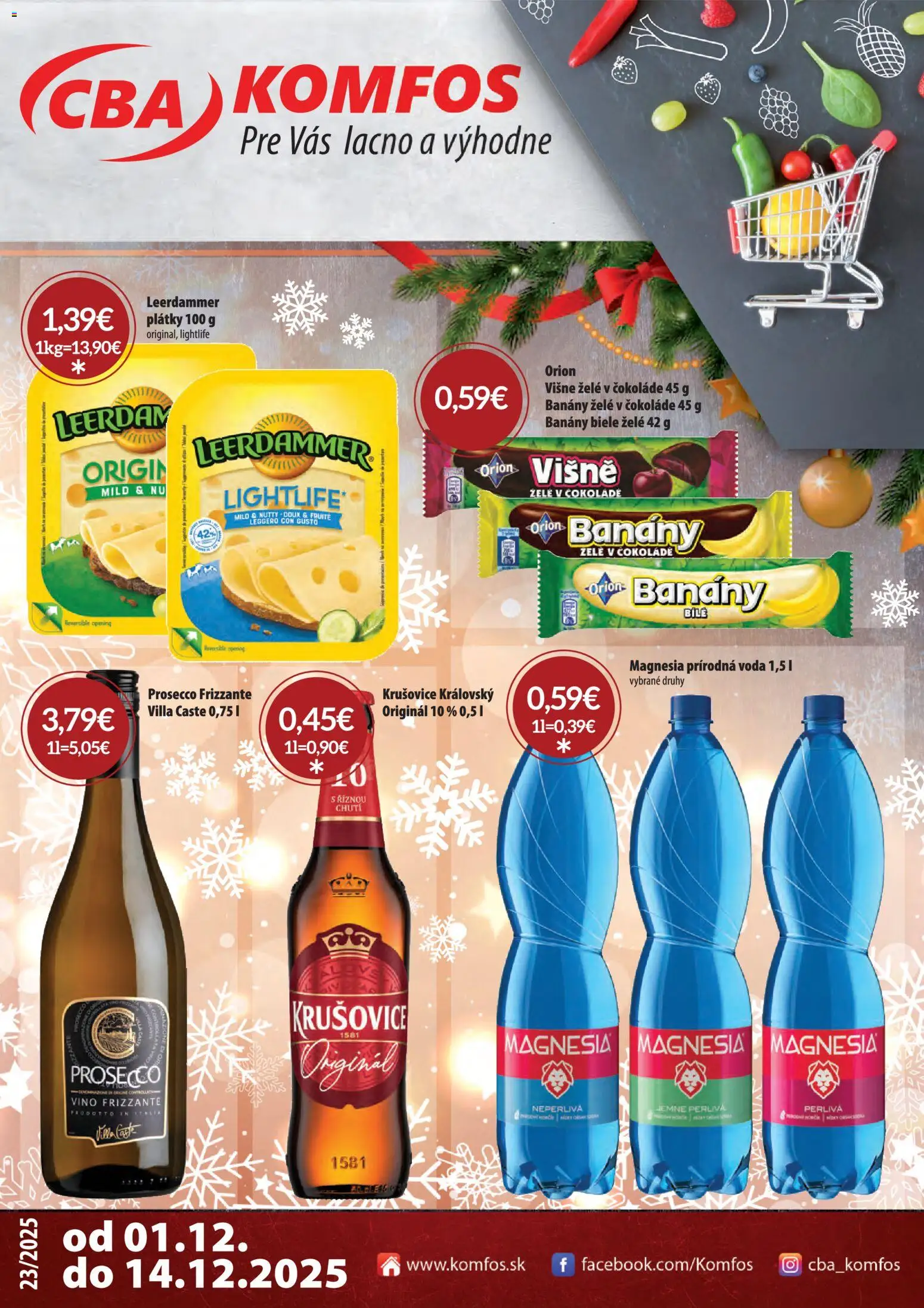 Náhľad CBA Komfos letáku platného od 01.12.2025 - Voda, Víno, Prosecco, Krušovice, Višne, Magnesia, Banány