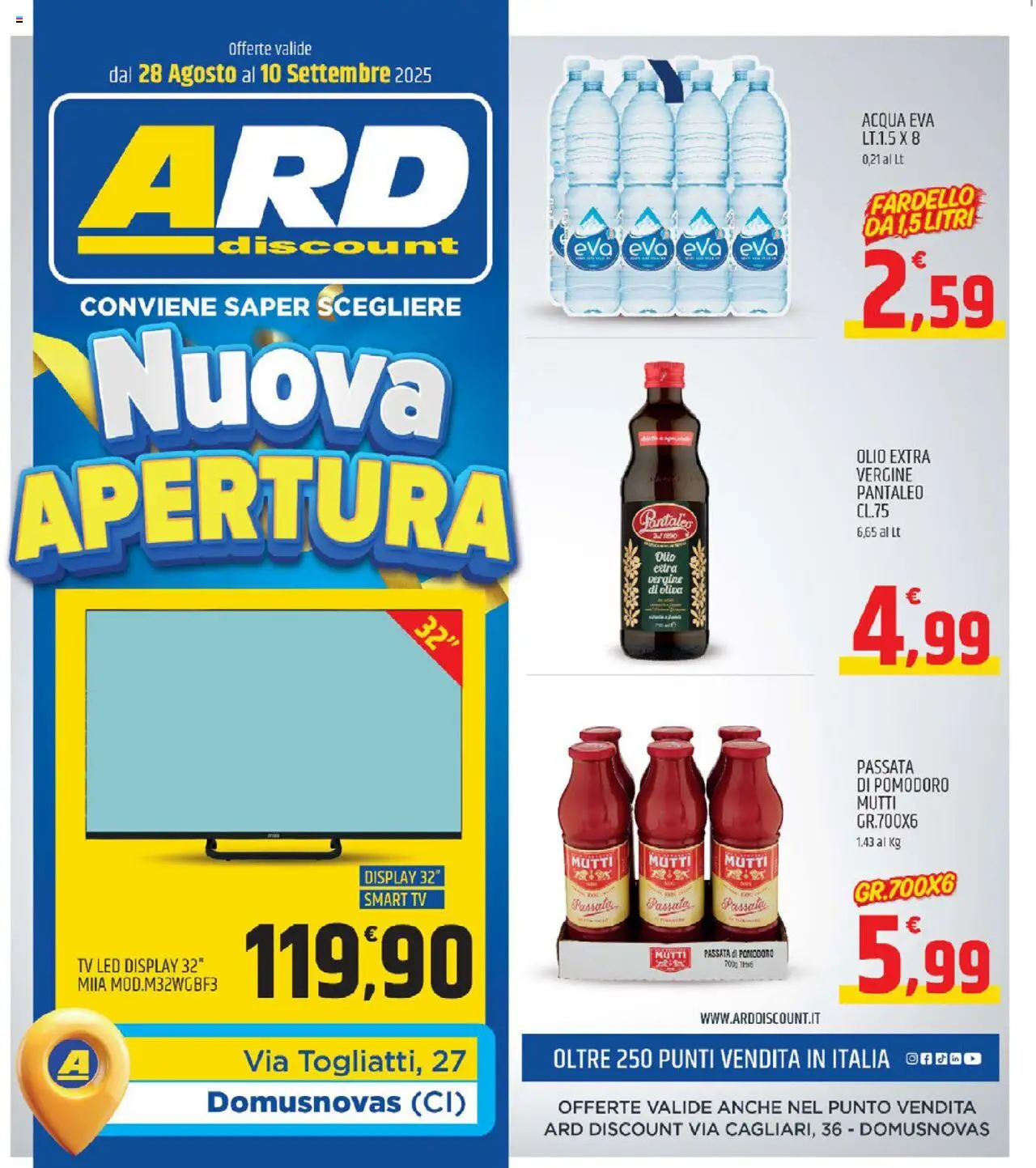 Volantino ARD Discount valido da 28/08/2025 numero di pagina 1 - Acqua, TV, Pomodoro, smart TV, Passata di pomodoro, Mutti, Mutti passata, Olio extra vergine