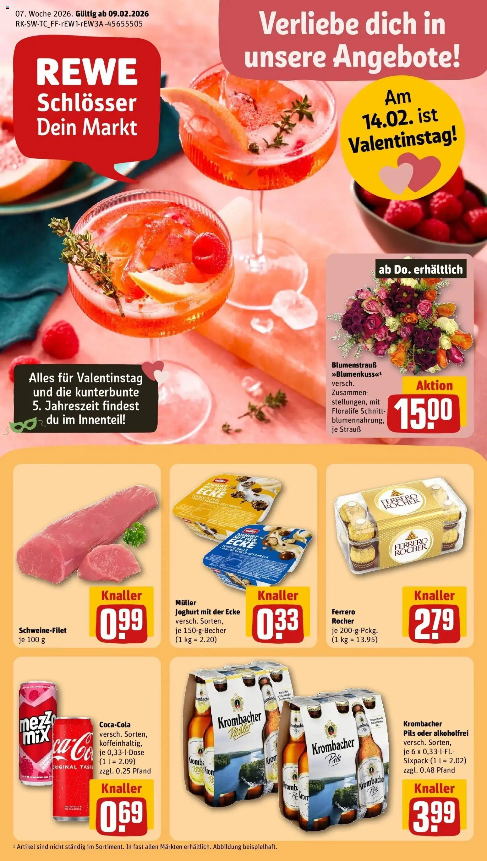 Vorschau von dem Prospekt des Geschäftes Rewe, gültig ab dem 09.02.2026 - Joghurt, Krombacher, Ferrero rocher, Schweinefilet, Radler, Pils