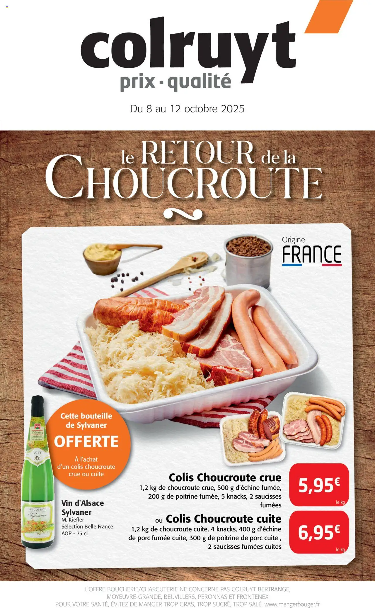 Catalogue le retour de la choucroute de la boutique Colruyt valable du 08/10/2025 - Page numéro 1 - Vin, Saucisses, Porc, Poitrine de porc, Bouteille, Choucroute crue, Saucisses fumées, Choucroute cuite