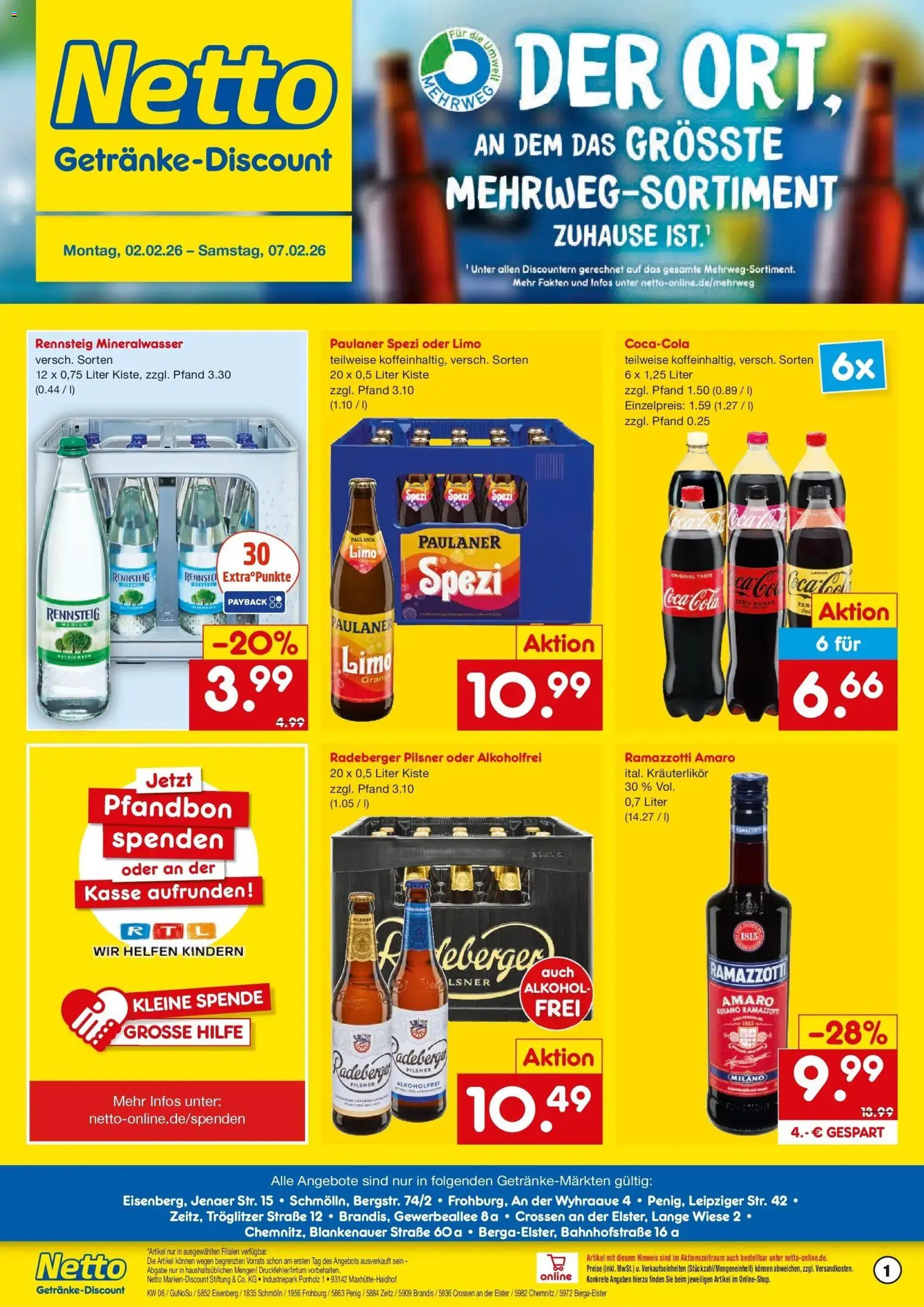 Vorschau von dem Prospekt des Geschäftes Netto Marken-Discount, gültig ab dem 02.02.2026 - Coca cola, Cola, Mineralwasser, Alkohol, Ramazzotti, Paulaner spezi, Paulaner, Radeberger pilsner