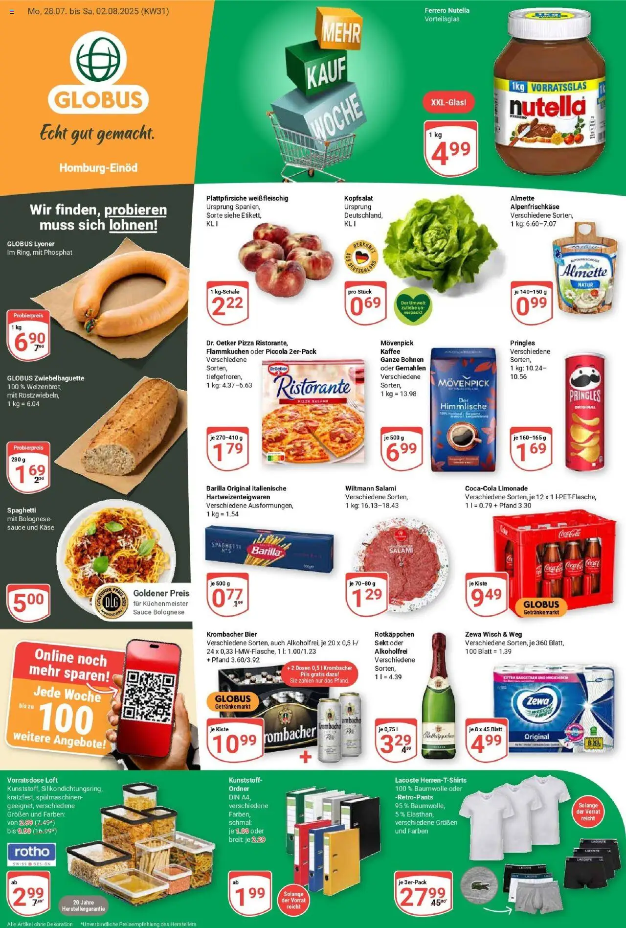 Globus Prospekt ab Montag 28.07.2025 > Prospekt Homburg-Einöd - Pizza, Bier, Nutella, Krombacher, Rotkäppchen, Pringles, Salami, Pils