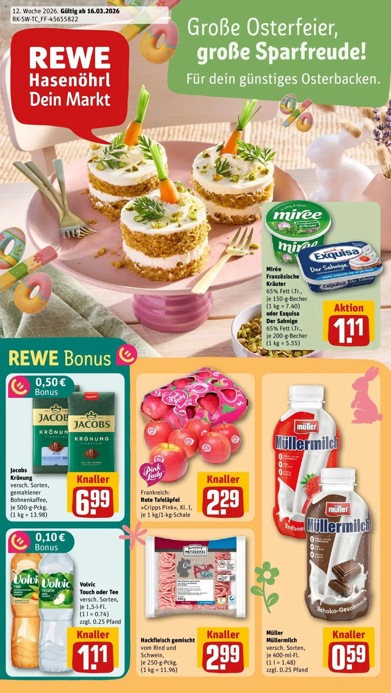 Vorschau von dem Prospekt des Geschäftes Rewe, gültig ab dem 15.03.2026 - Äpfel, Hackfleisch, Pfirsich, Müllermilch, Volvic, Exquisa, Volvic touch, Muller mullermilch