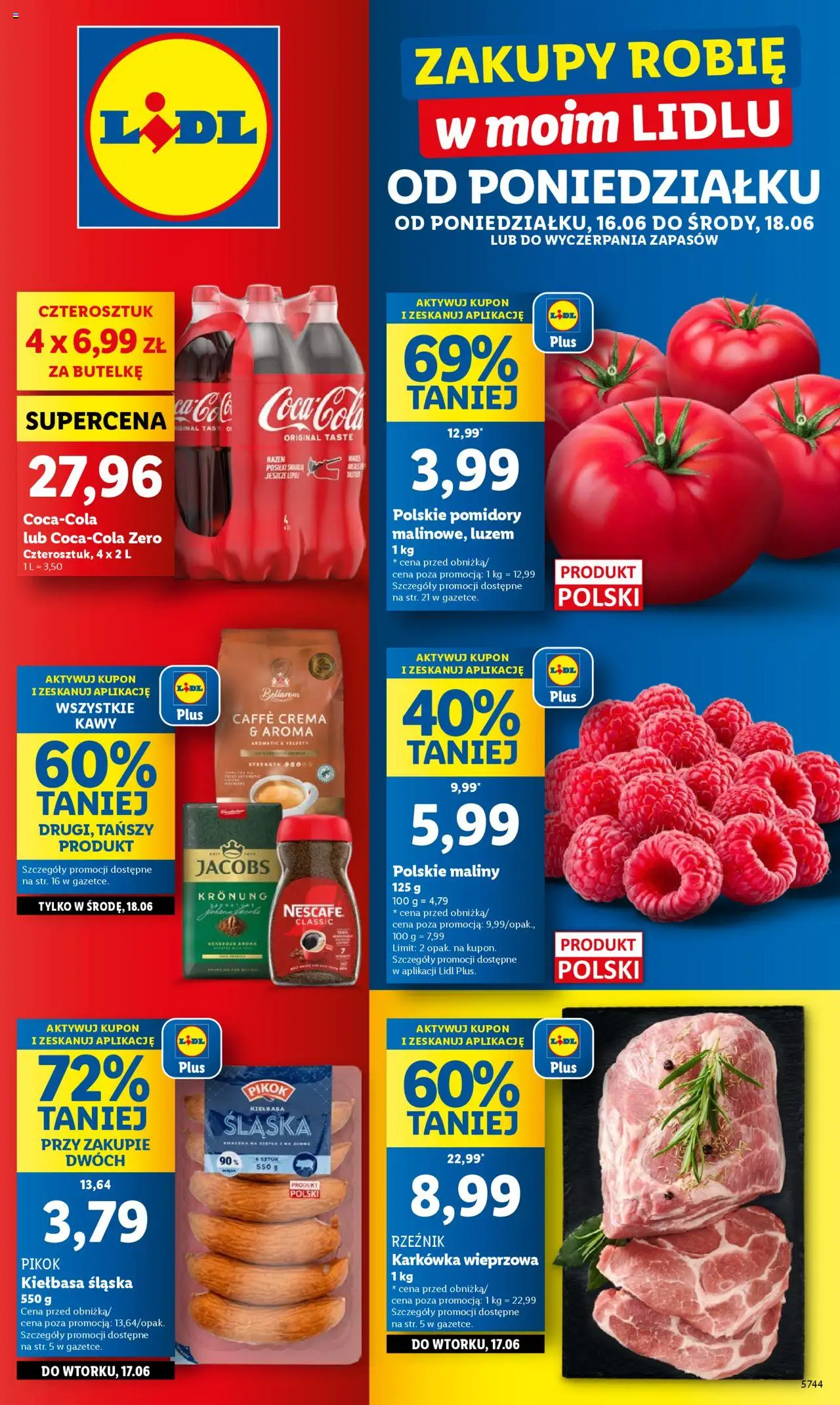 LIDL gazetka 16.06.2025 - 18.06.2025 - Najnowsza od czwartku - Numer strony 1 - Kiełbasa, Maliny, Karkówka, Karkówka wieprzowa, Jacobs, Promocja, Kiełbasa śląska, Pomidory