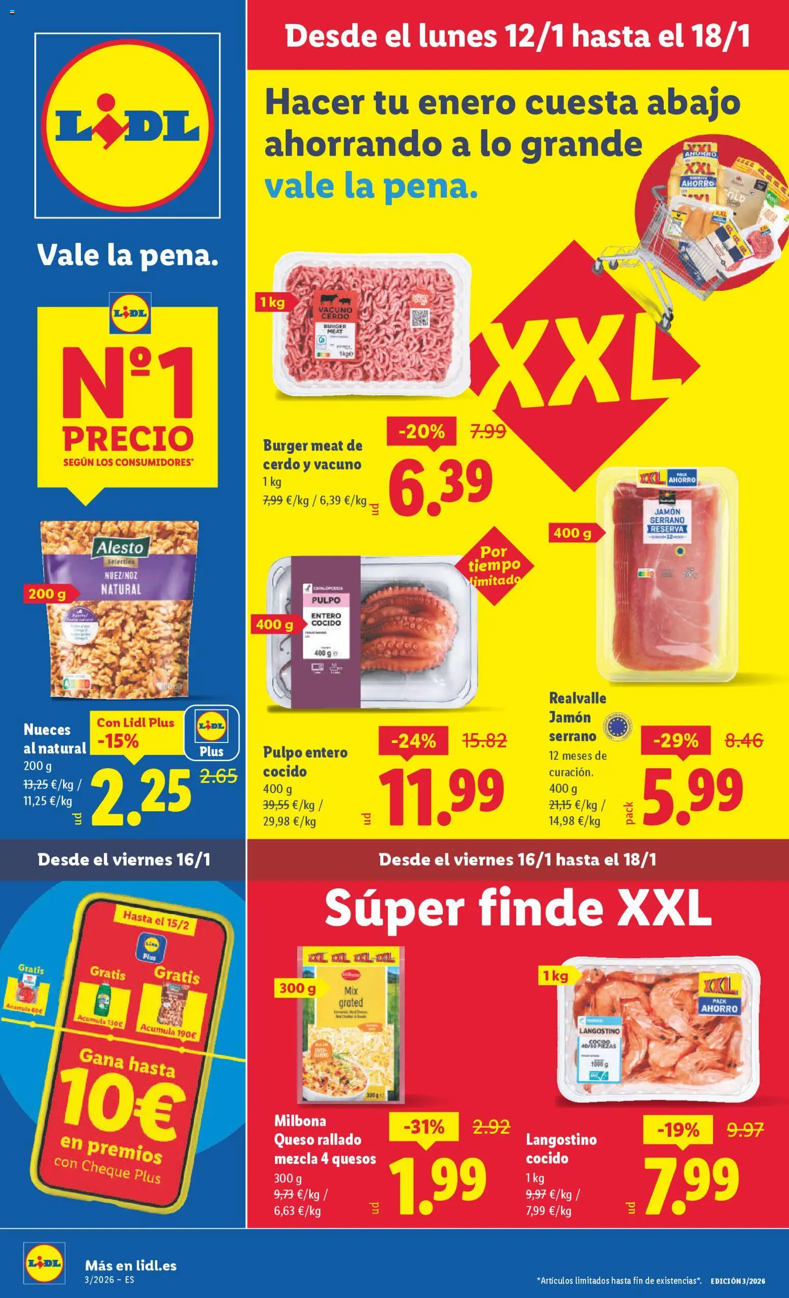 Vista previa del folleto de la tienda Lidl válido desde el 12/01/2026 - Jamón, Queso, Cerdo, Jamón serrano, Nueces, Langostino, Queso rallado, Nueces al natural