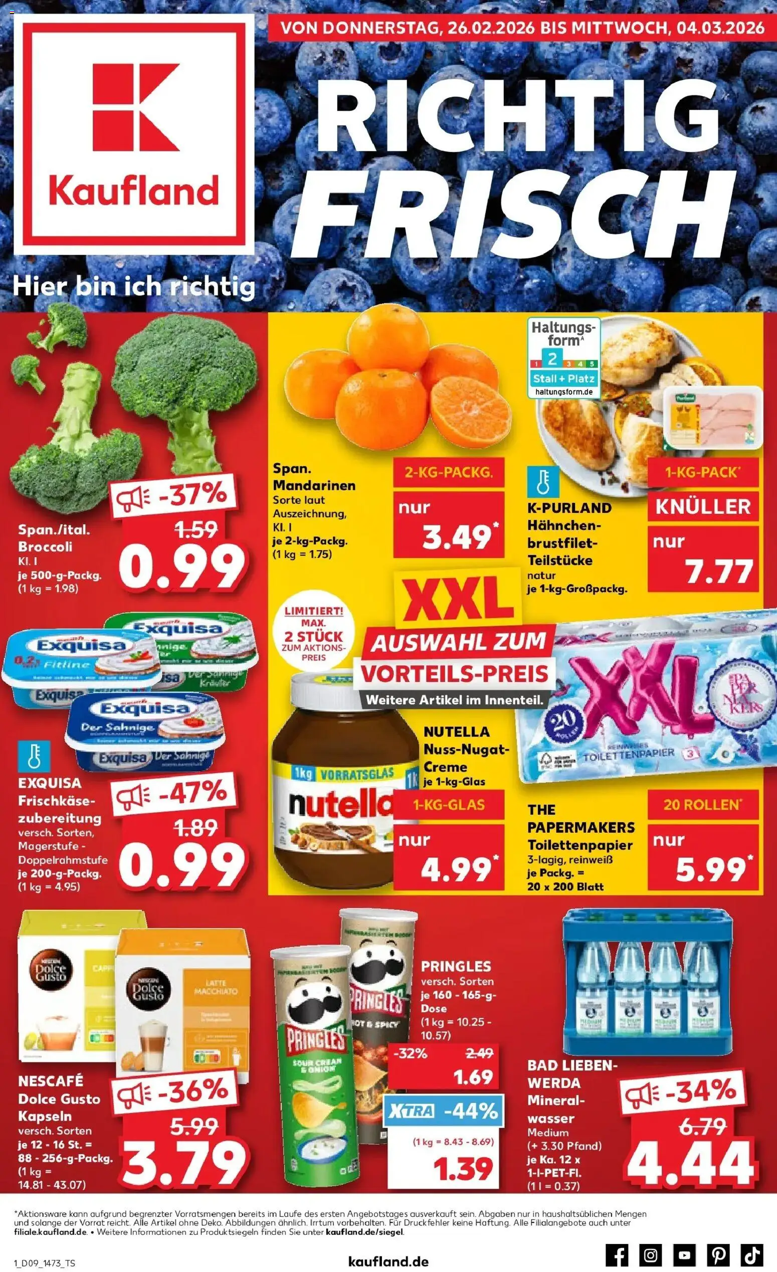 Vorschau von dem Prospekt des Geschäftes Kaufland, gültig ab dem 26.02.2026 - Bad, Nutella, Pringles, Dolce Gusto kapseln, Nescafe, Mandarinen, Exquisa, Frischkase