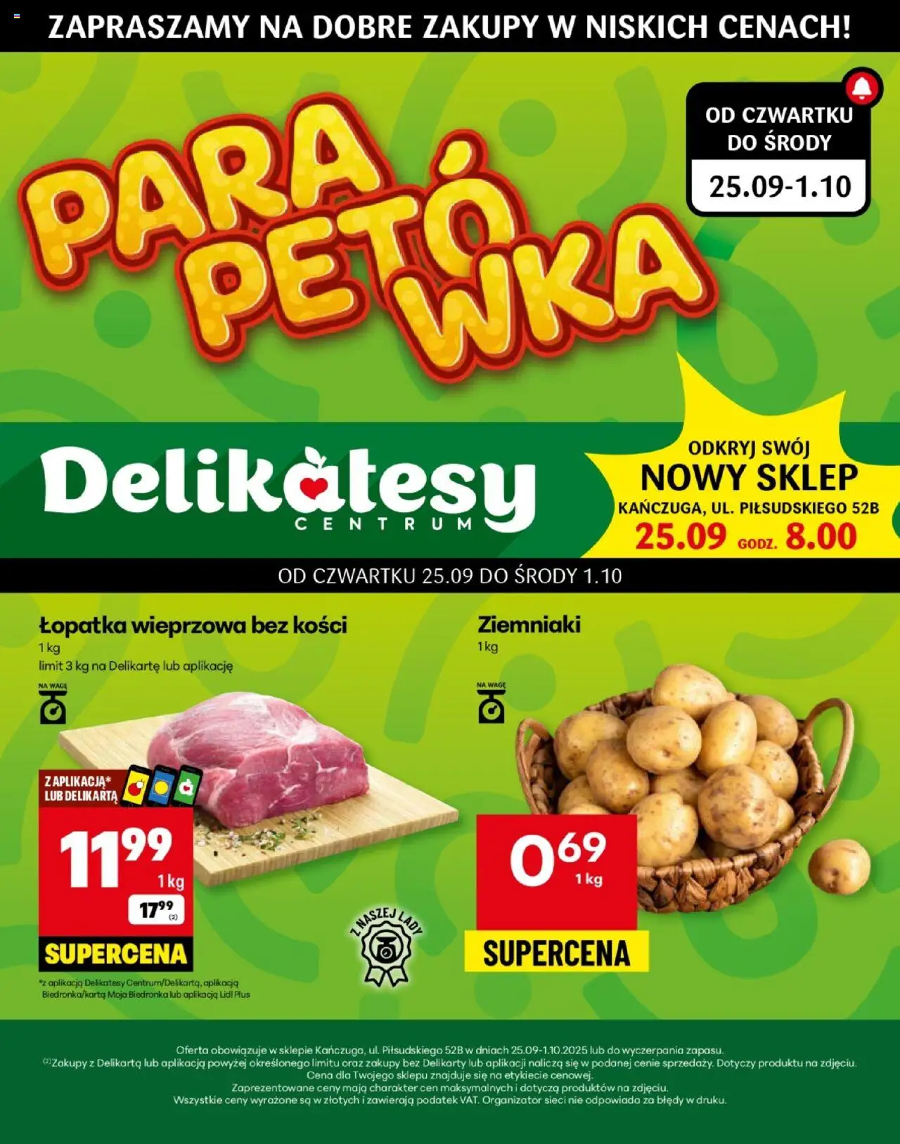 Delikatesy Centrum gazetka 25.09.2025 - Nowa gazetka promocyjna - Numer strony 1 - Delikatesy, Ziemniaki, Łopatka wieprzowa, Łopatka wieprzowa bez kości