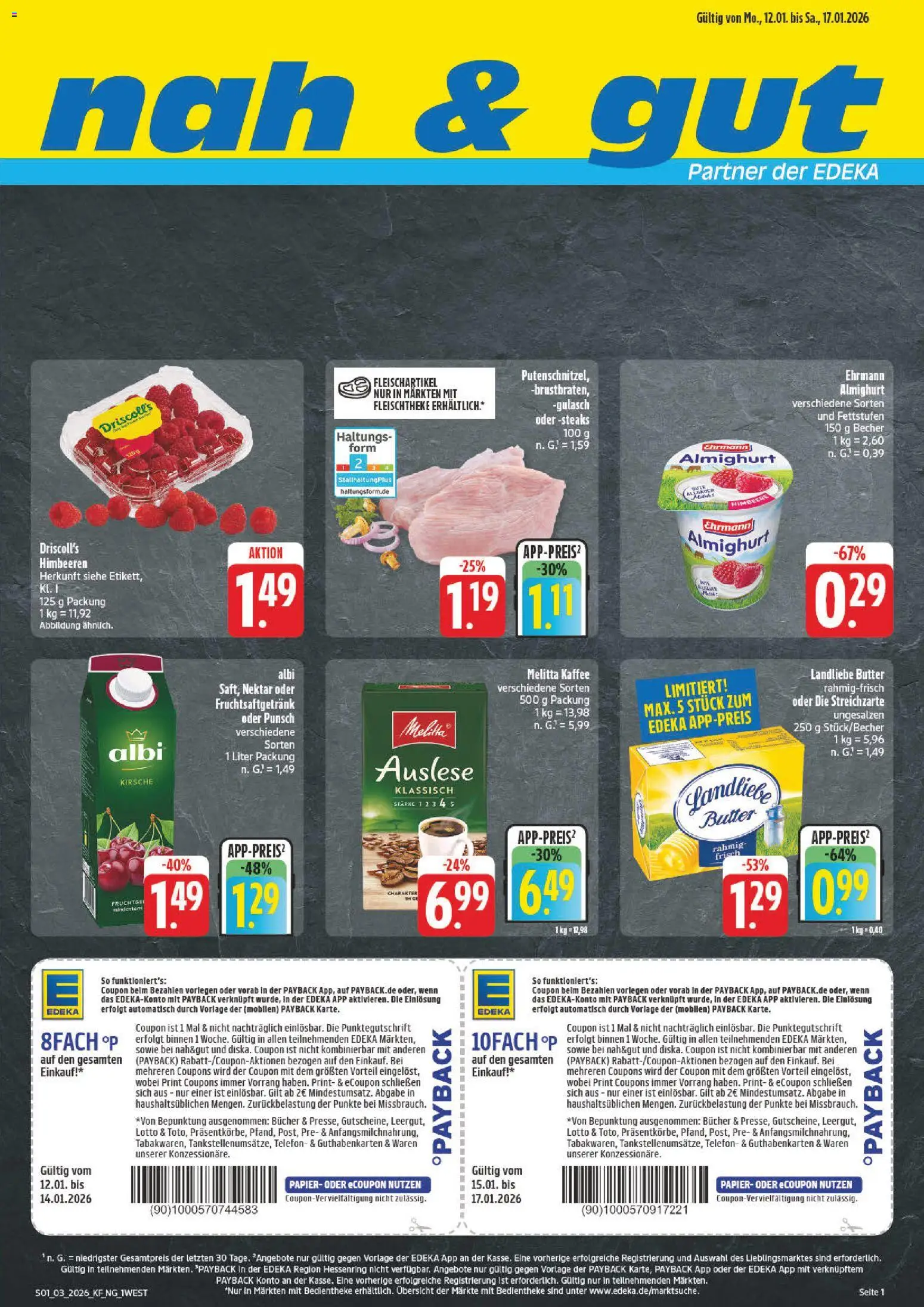 Vorschau von dem Prospekt des Geschäftes nah & gut, gültig ab dem 12.01.2026 - Kaffee, Butter, Gulasch, Himbeeren, Himbeere, Melitta, Landliebe butter, Ehrmann almighurt