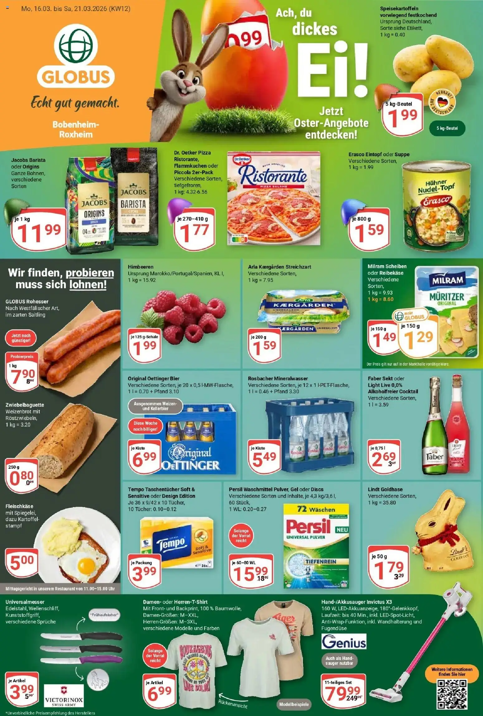 Vorschau von dem Prospekt des Geschäftes Globus, gültig ab dem 15.03.2026 - Pizza, Lindt, Himbeeren, Mineralwasser, Ristorante, Sekt, Oettinger, Persil