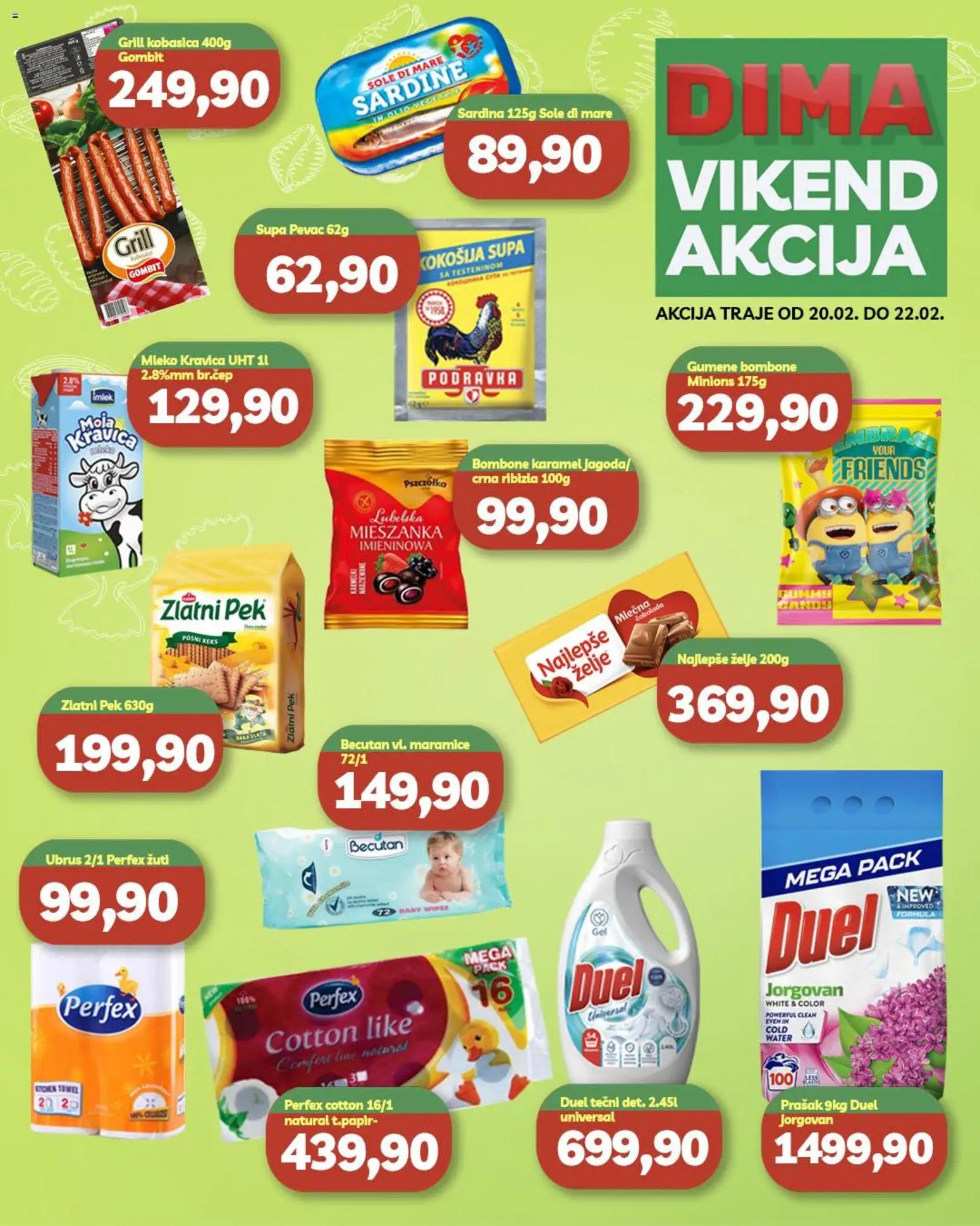 Pregled VP Dima kataloga - važi od 20.02.2026 - Bombone, Gumene bombone, Mleko, Sardina, Sardine, Kobasica, Ubrus, Maramice