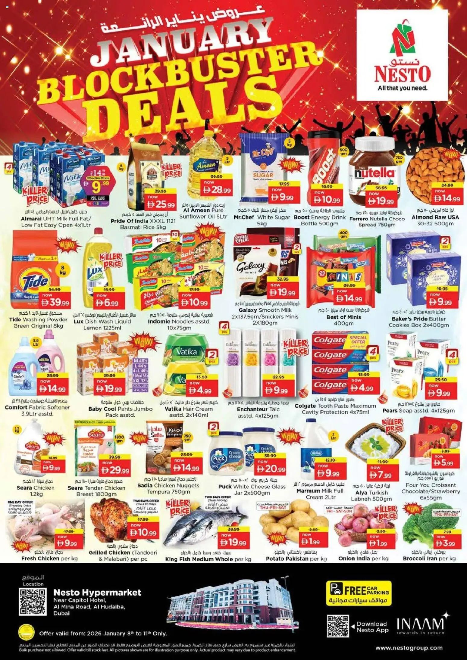 Preview of the catalogue January Blockbuster Deals - Al Mina Road, Al Hudauba, Dubai of store Nesto valid from 8 Jan, 2026 - Fish, Chicken, Cookies, Cheese, Cream, Soap, Powder, Washing powder