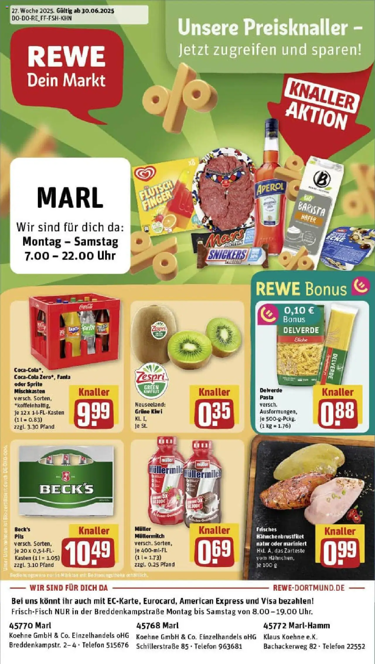 REWE Prospekt ab 29.06.2025 nächste Woche - Prospekt Marl - Uhr, Telefon, Pasta, Kiwi, Snickers, Müllermilch, Pils, Muller mullermilch