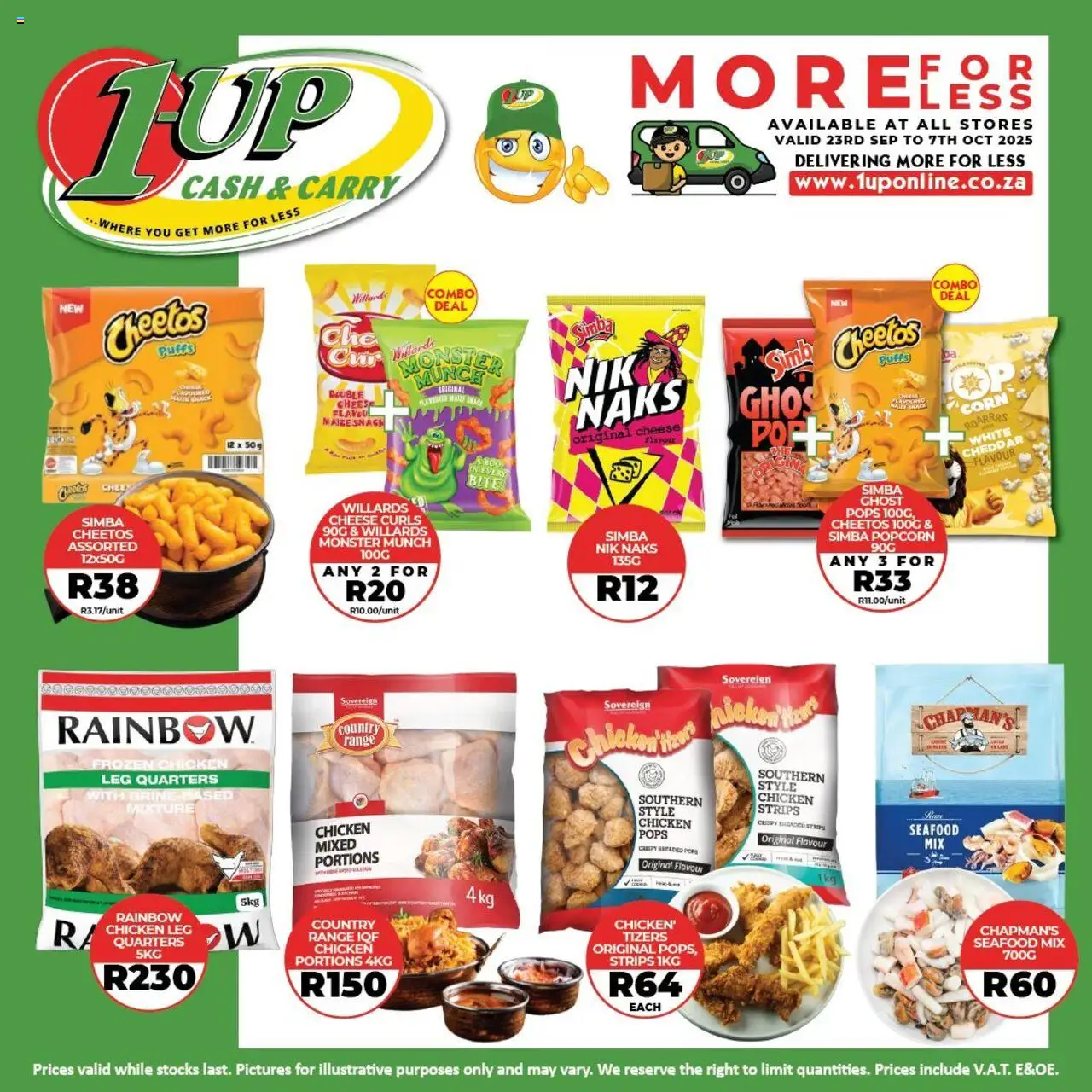 Preview of 1UP Cash & Carry flyer valid from 23/09/2025 - Chicken, Popcorn, Cheese, Seafood, Cheddar, Frozen chicken